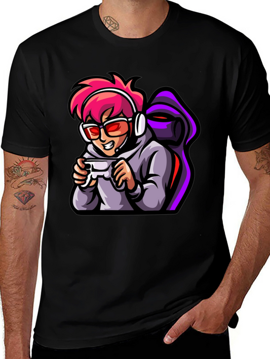 Gamer Cartoon Print Black T-Shirt