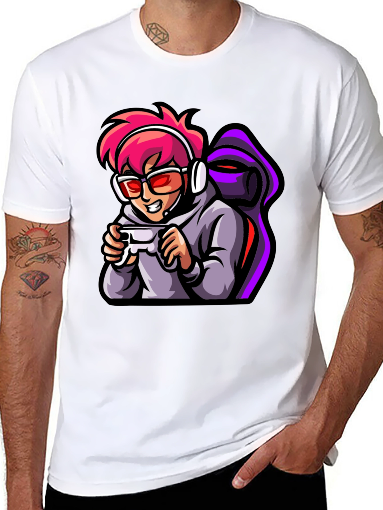 Gamer Cartoon Print Black T-Shirt