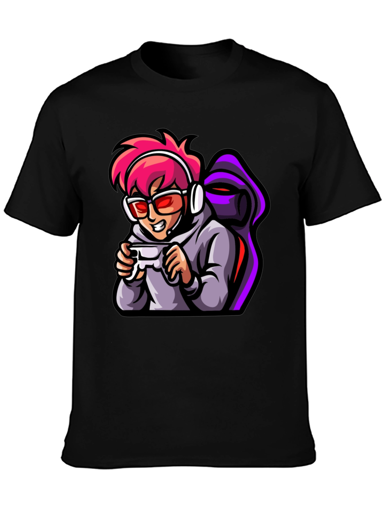 Gamer Cartoon Print Black T-Shirt