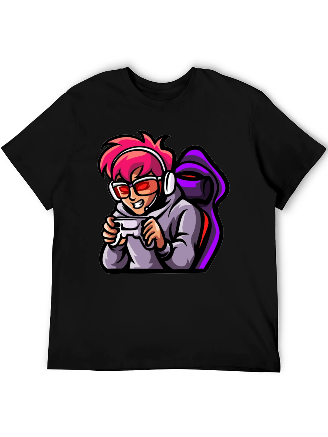 Gamer Cartoon Print Black T-Shirt