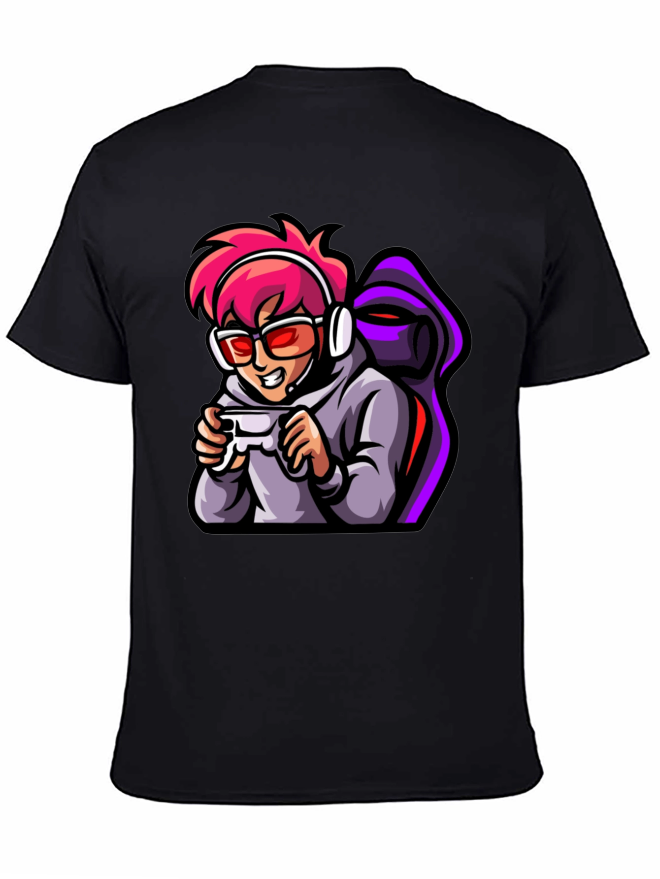 Gamer Cartoon Print Black T-Shirt