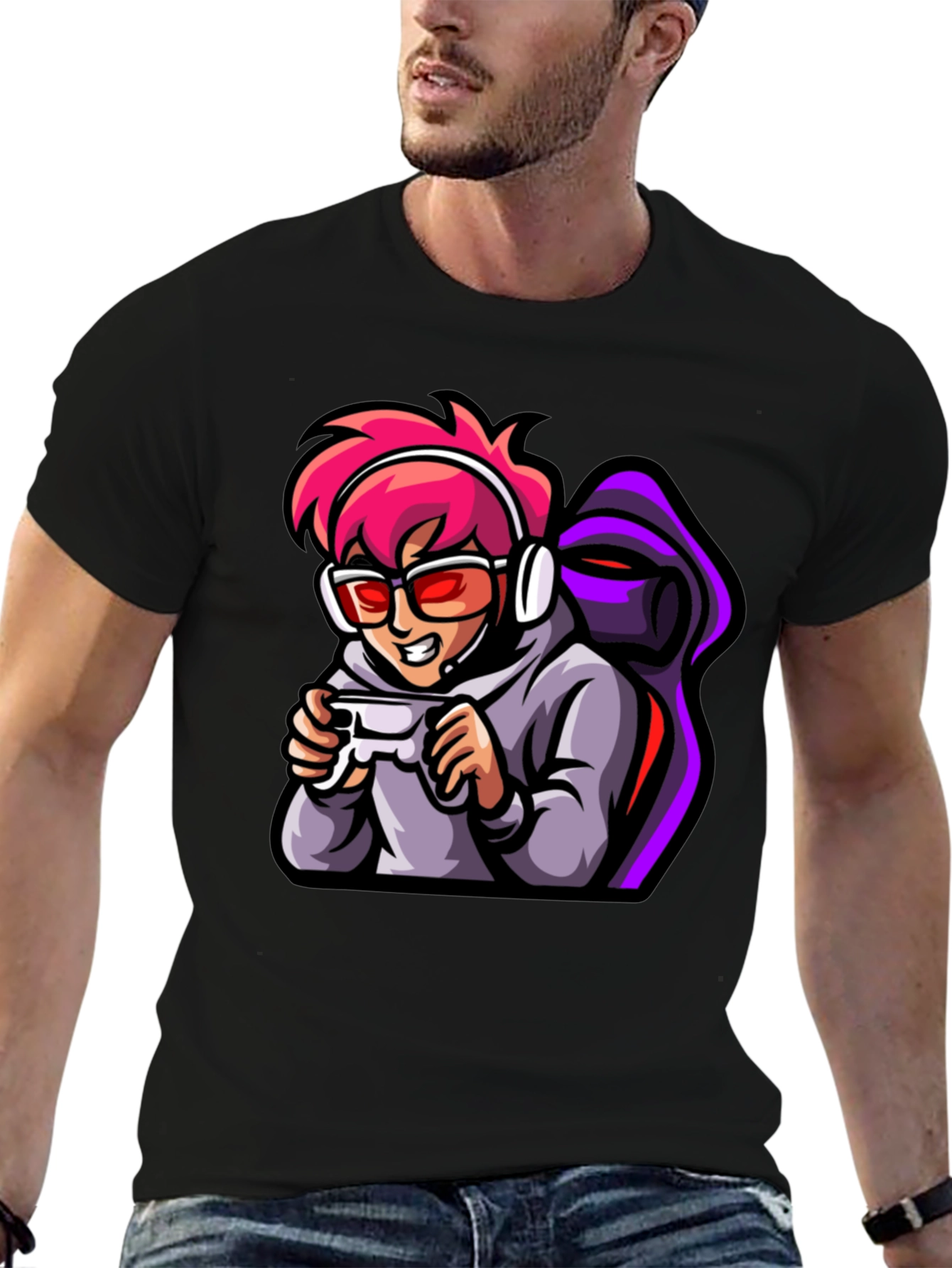 Gamer Cartoon Print Black T-Shirt