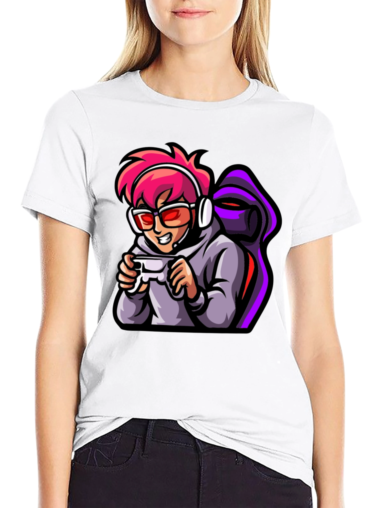 Gamer Cartoon Print Black T-Shirt