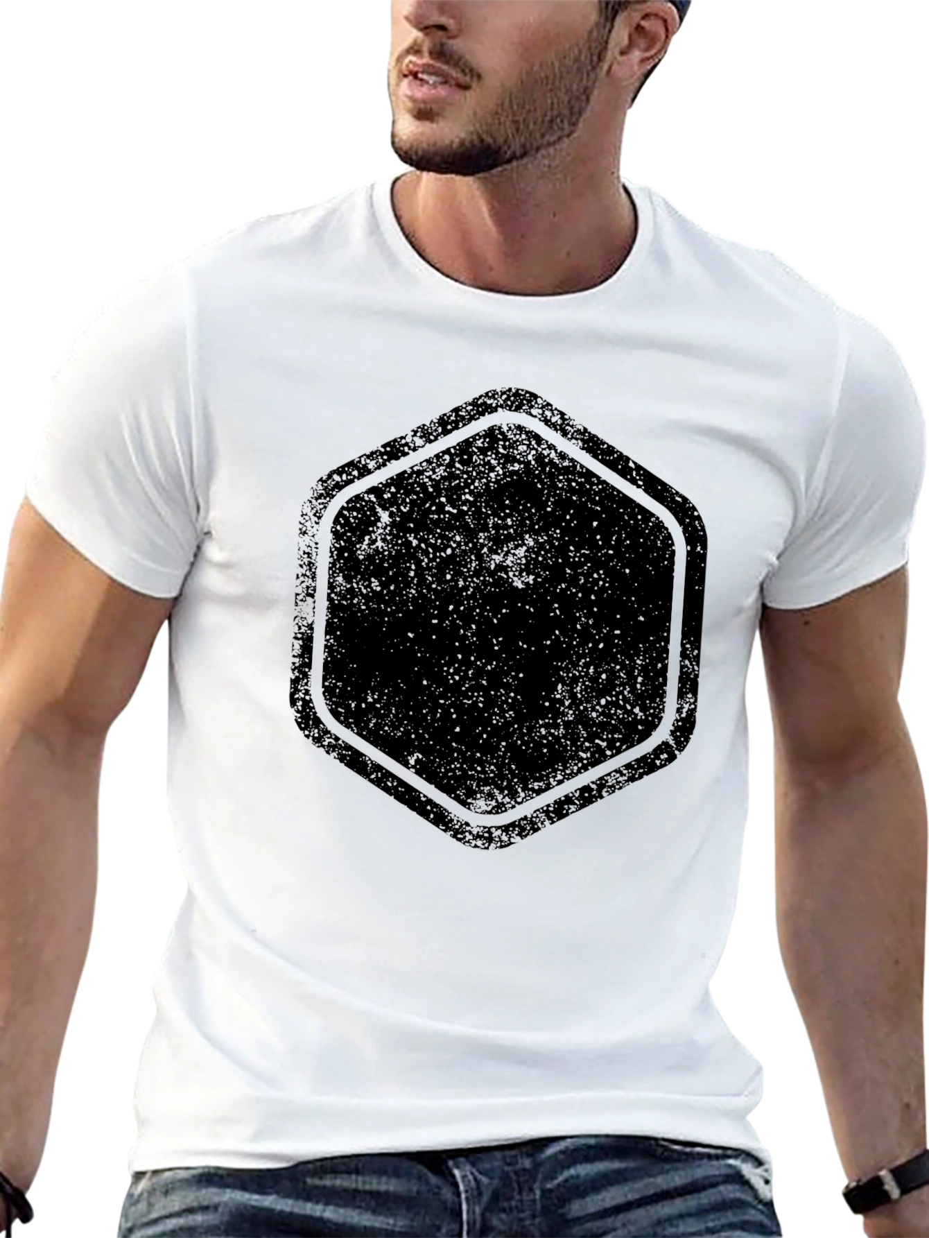 Mens Black Graphic Tee - Distressed Hexagon Design