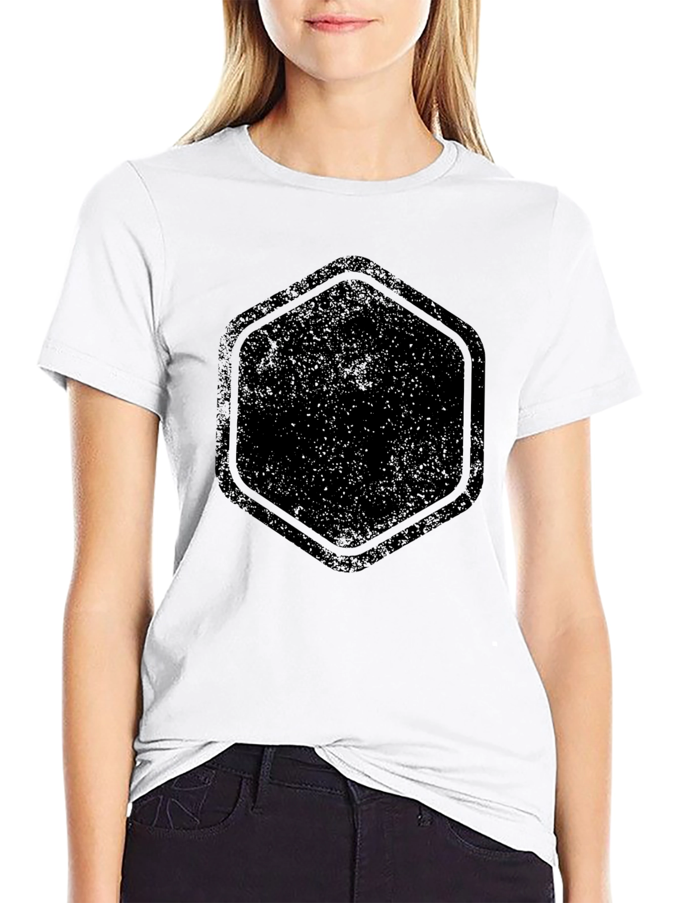Mens Black Graphic Tee - Distressed Hexagon Design