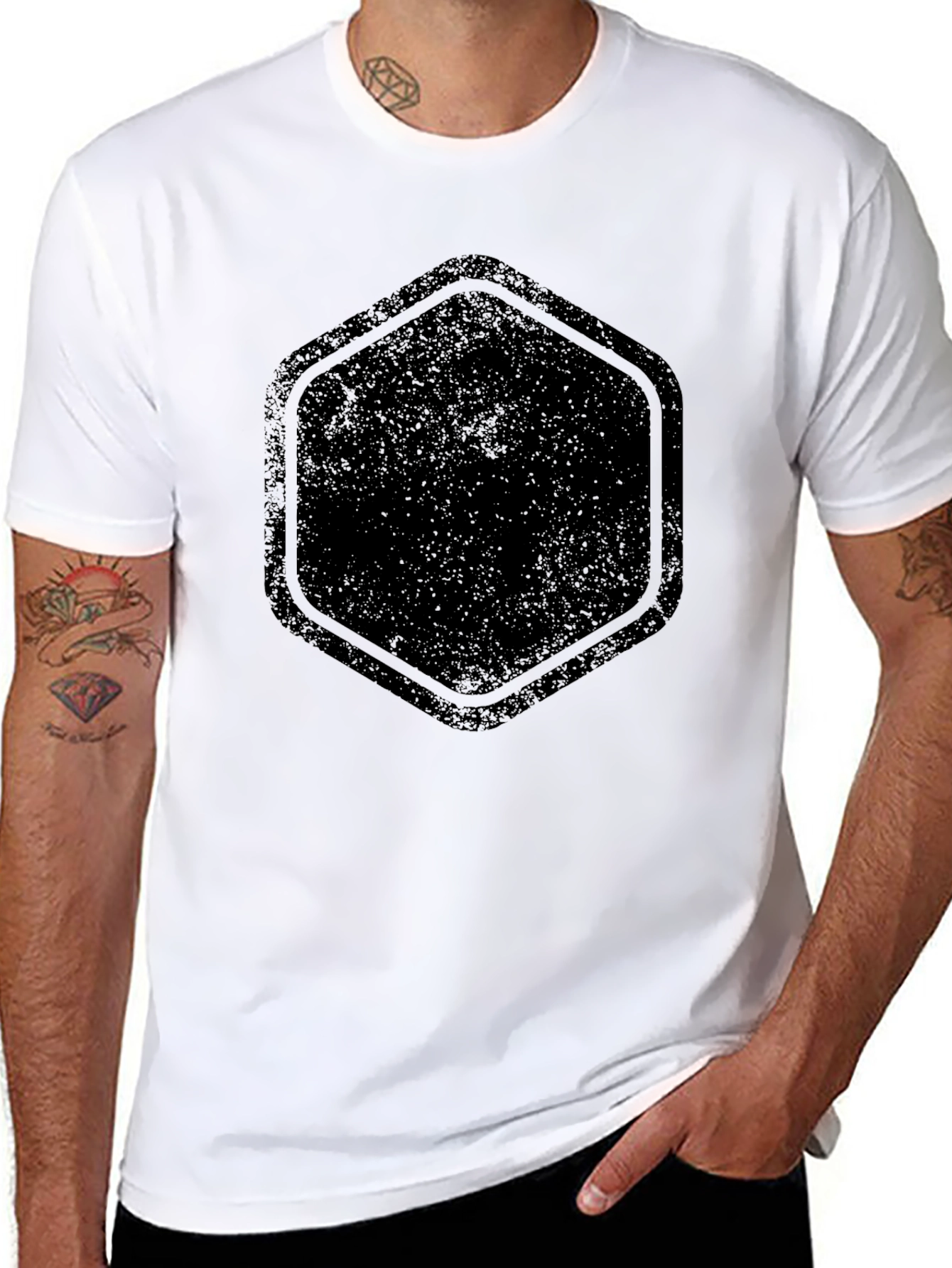 Mens Black Graphic Tee - Distressed Hexagon Design