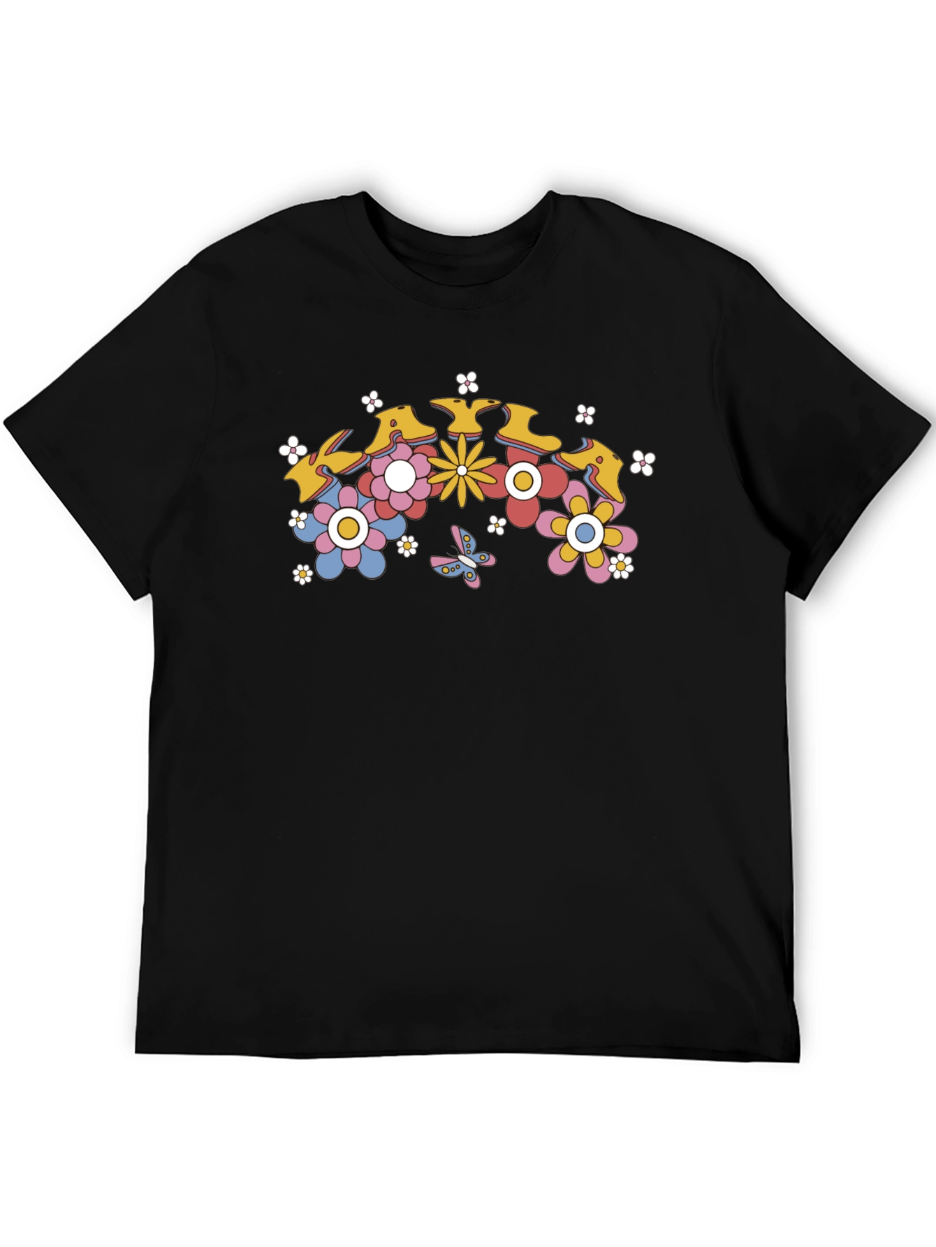 Retro Floral Graphic T-Shirt - Black Cotton Tee