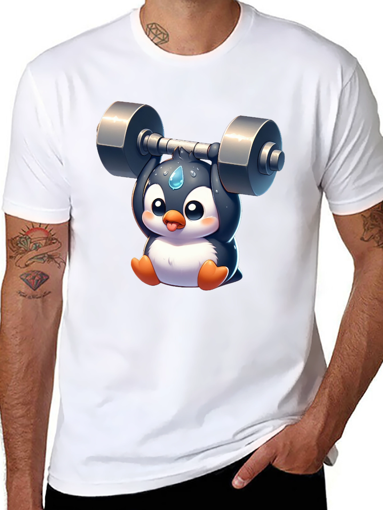 Penguin Lifting Weights Graphic T-Shirt