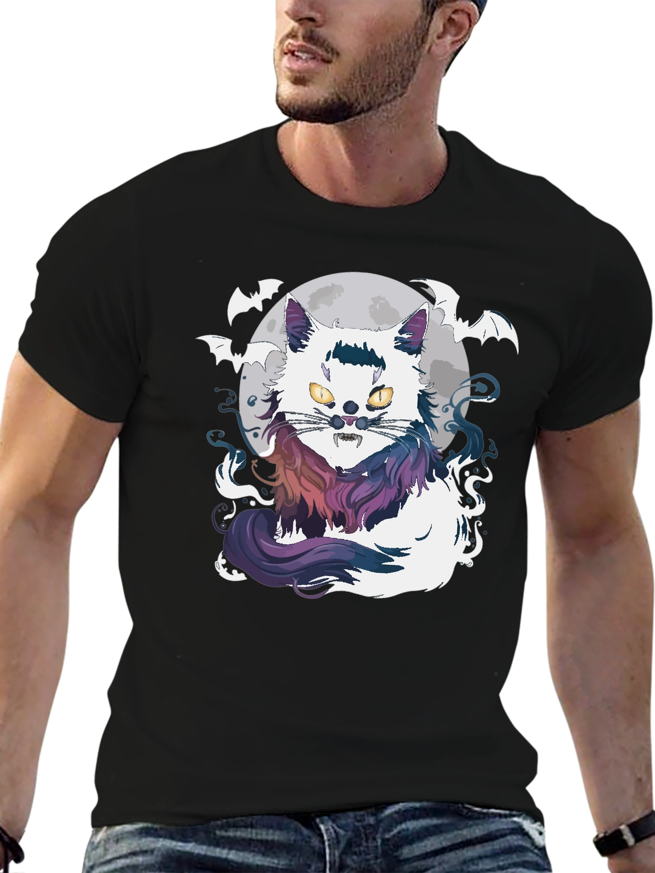 Halloween Cat T-Shirt - Spooky Bat & Moon Design