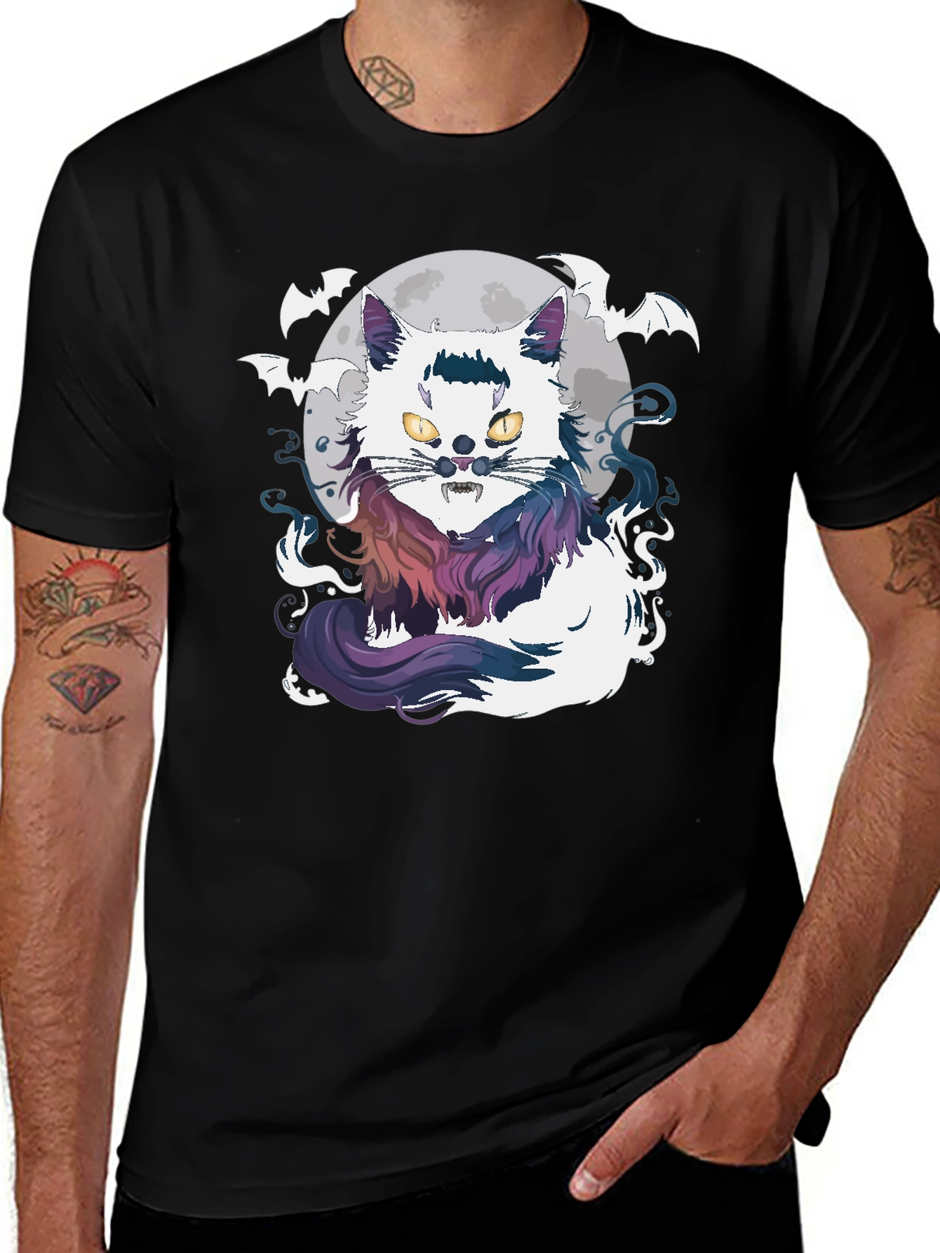 Halloween Cat T-Shirt - Spooky Bat & Moon Design