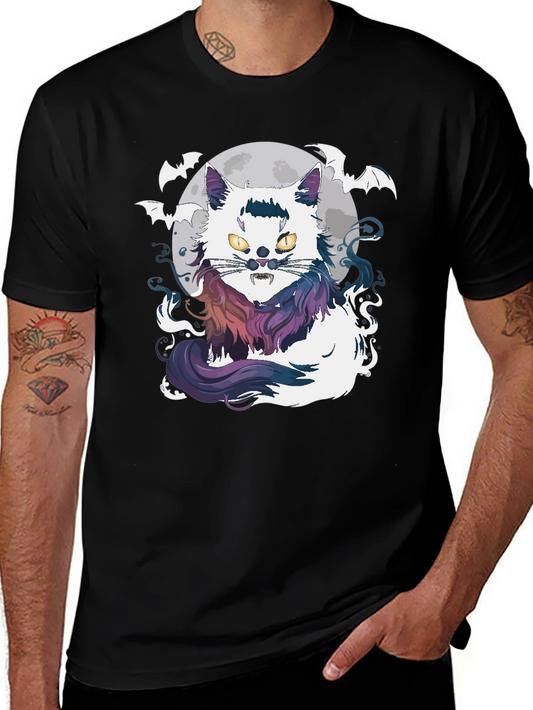 Halloween Cat T-Shirt - Spooky Bat & Moon Design