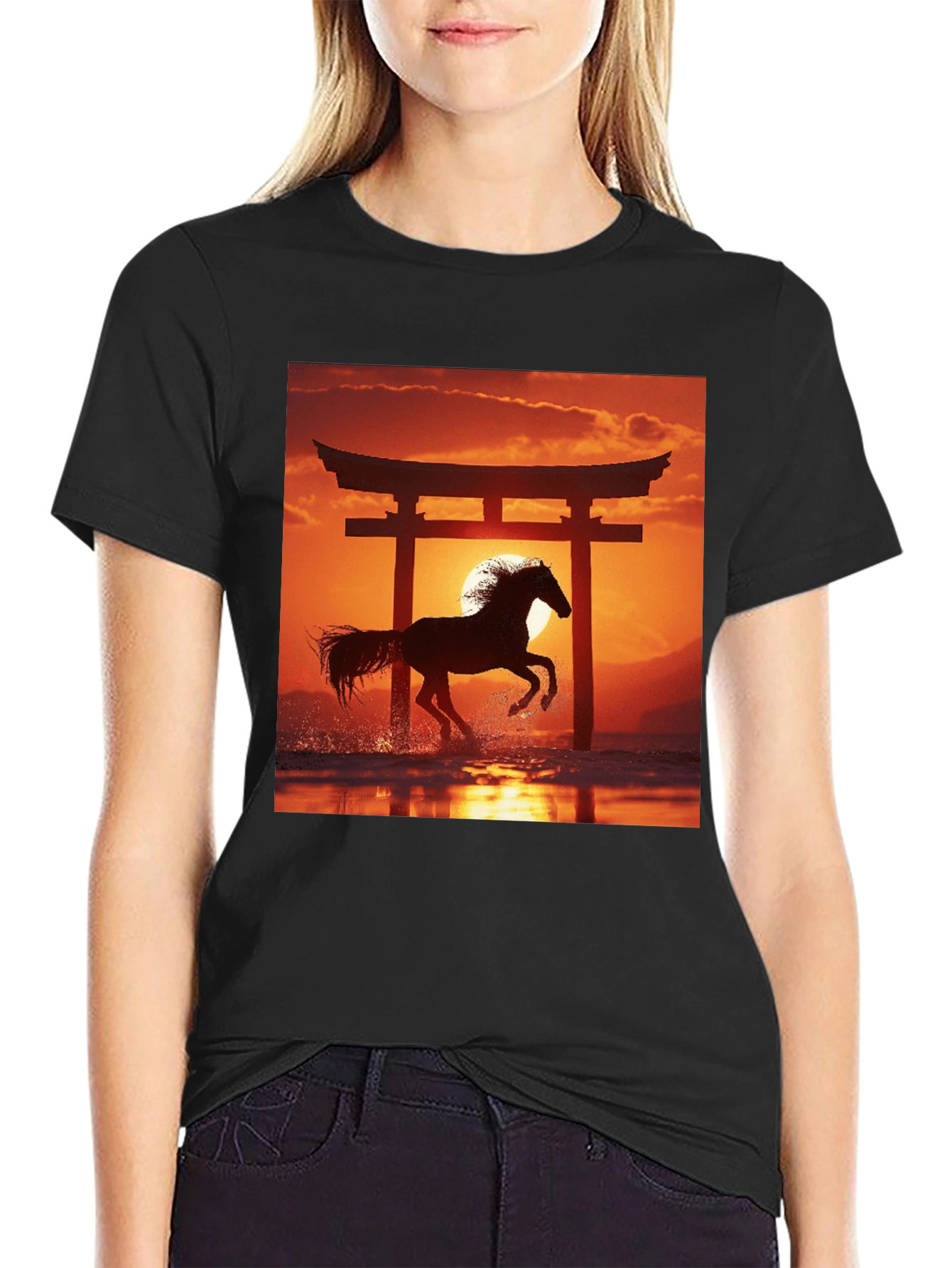Horse Torii Gate Graphic Tee - Black