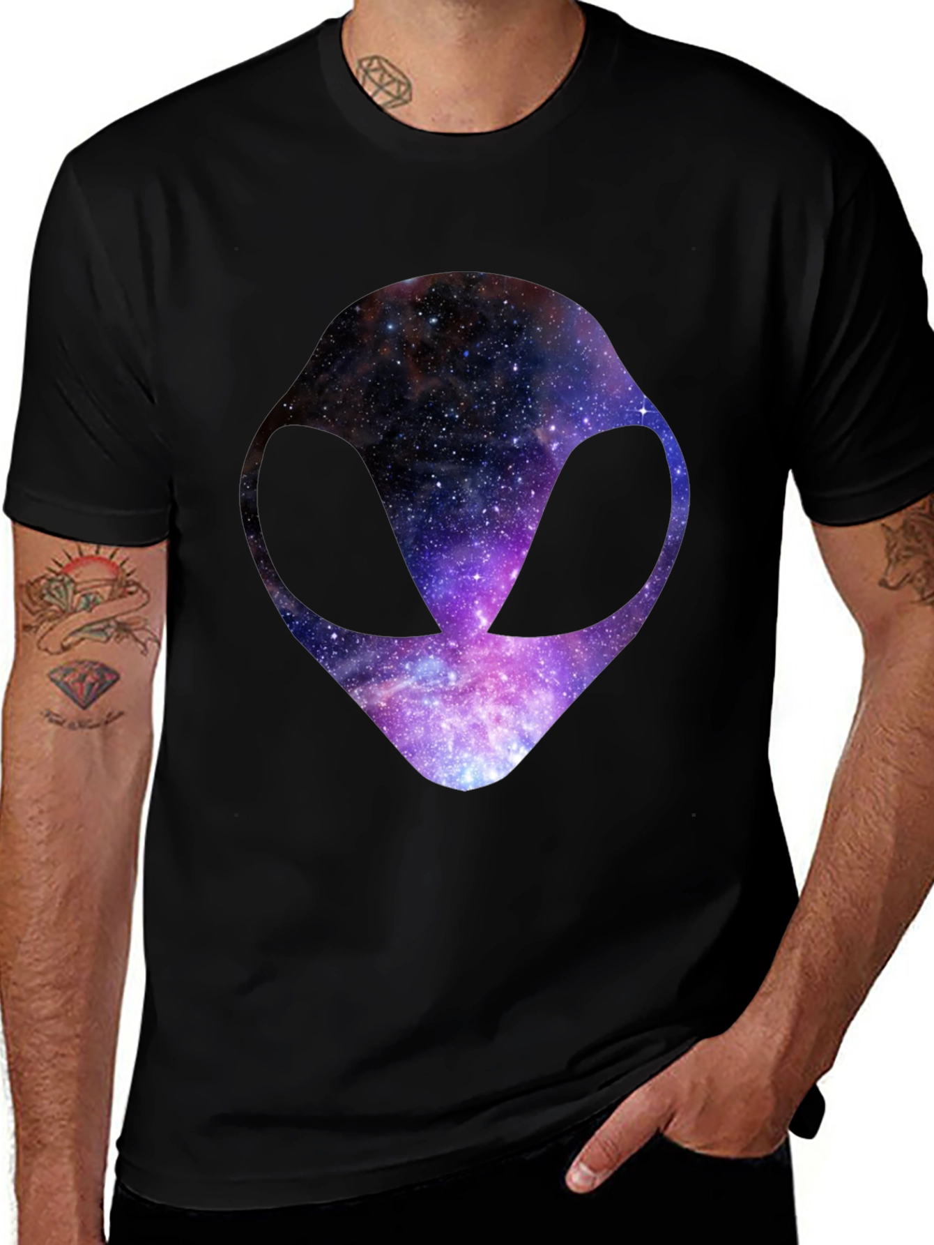 Cosmic Alien Head Graphic Tee - Black Cotton T-Shirt