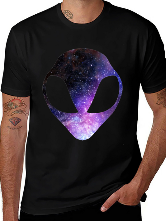 Cosmic Alien Head Graphic Tee - Black Cotton T-Shirt