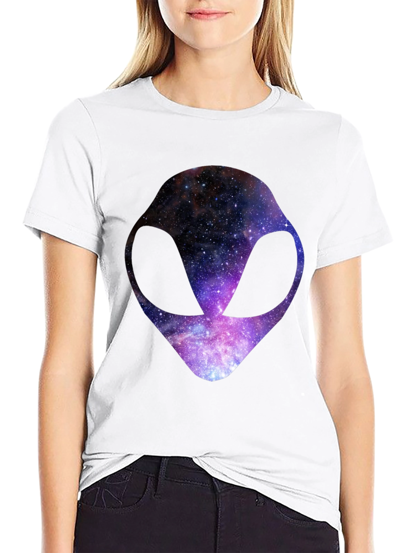 Cosmic Alien Head Graphic Tee - Black Cotton T-Shirt