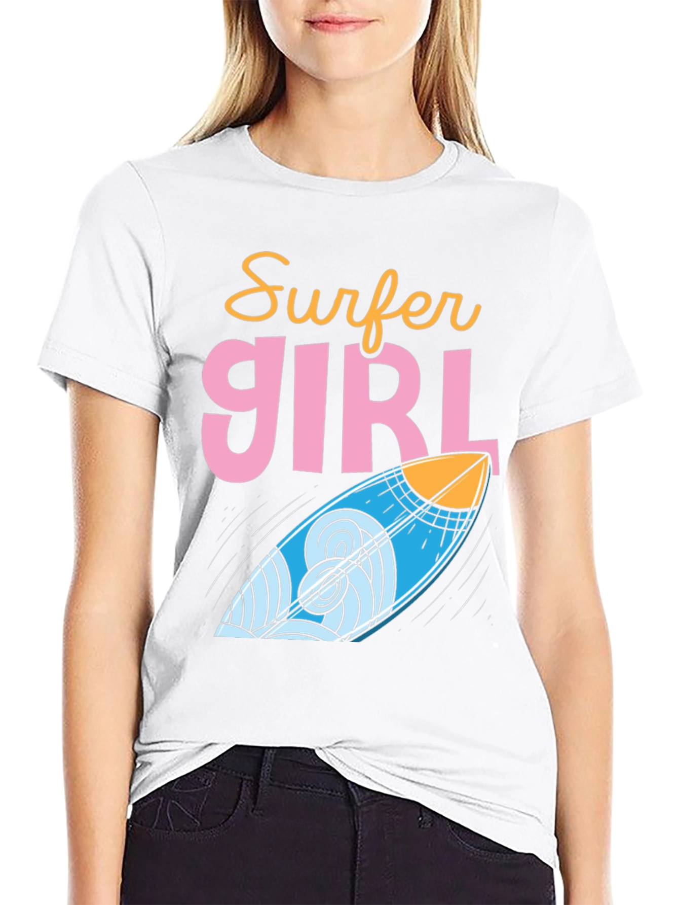 Surfer Girl Graphic Tee - Cool Surfboard Design