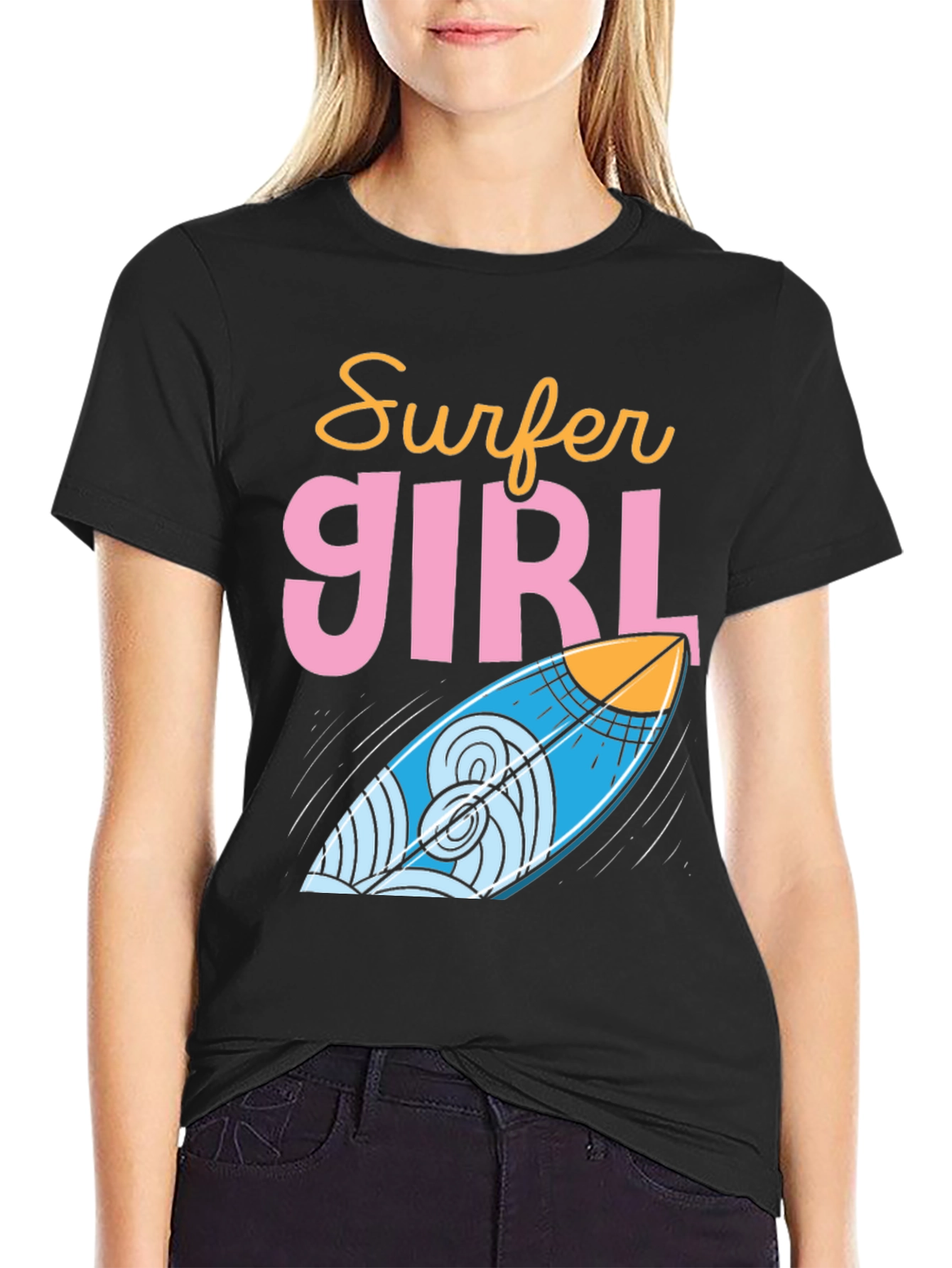 Surfer Girl Graphic Tee - Cool Surfboard Design
