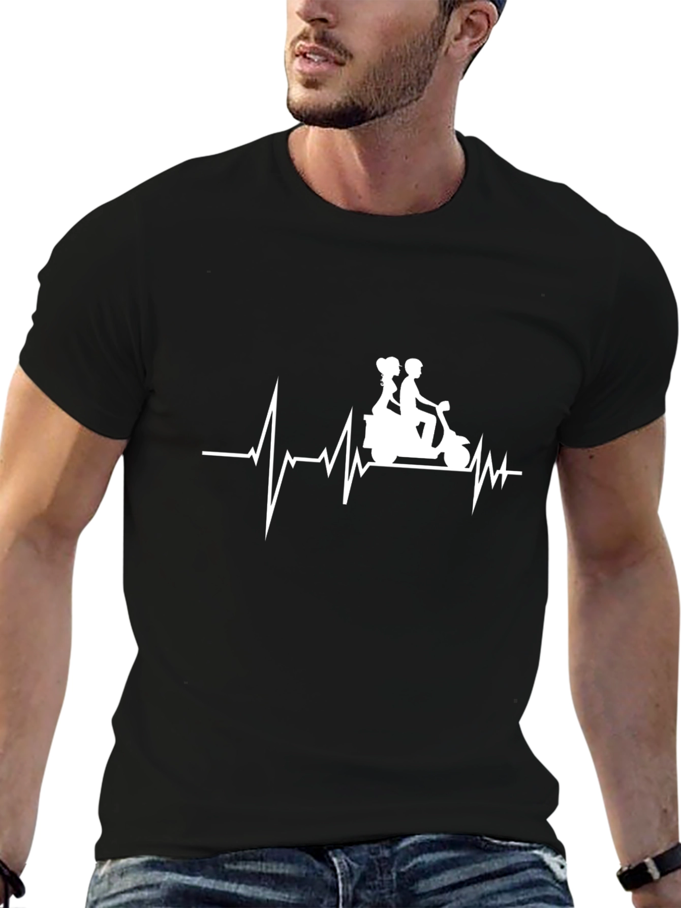 Heartbeat Scooter Couple T-Shirt - Black