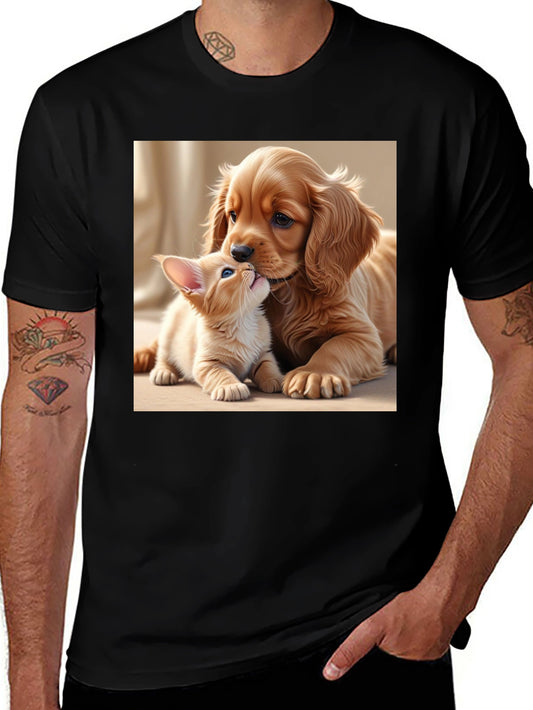 Cute Puppy and Kitten Black T-Shirt