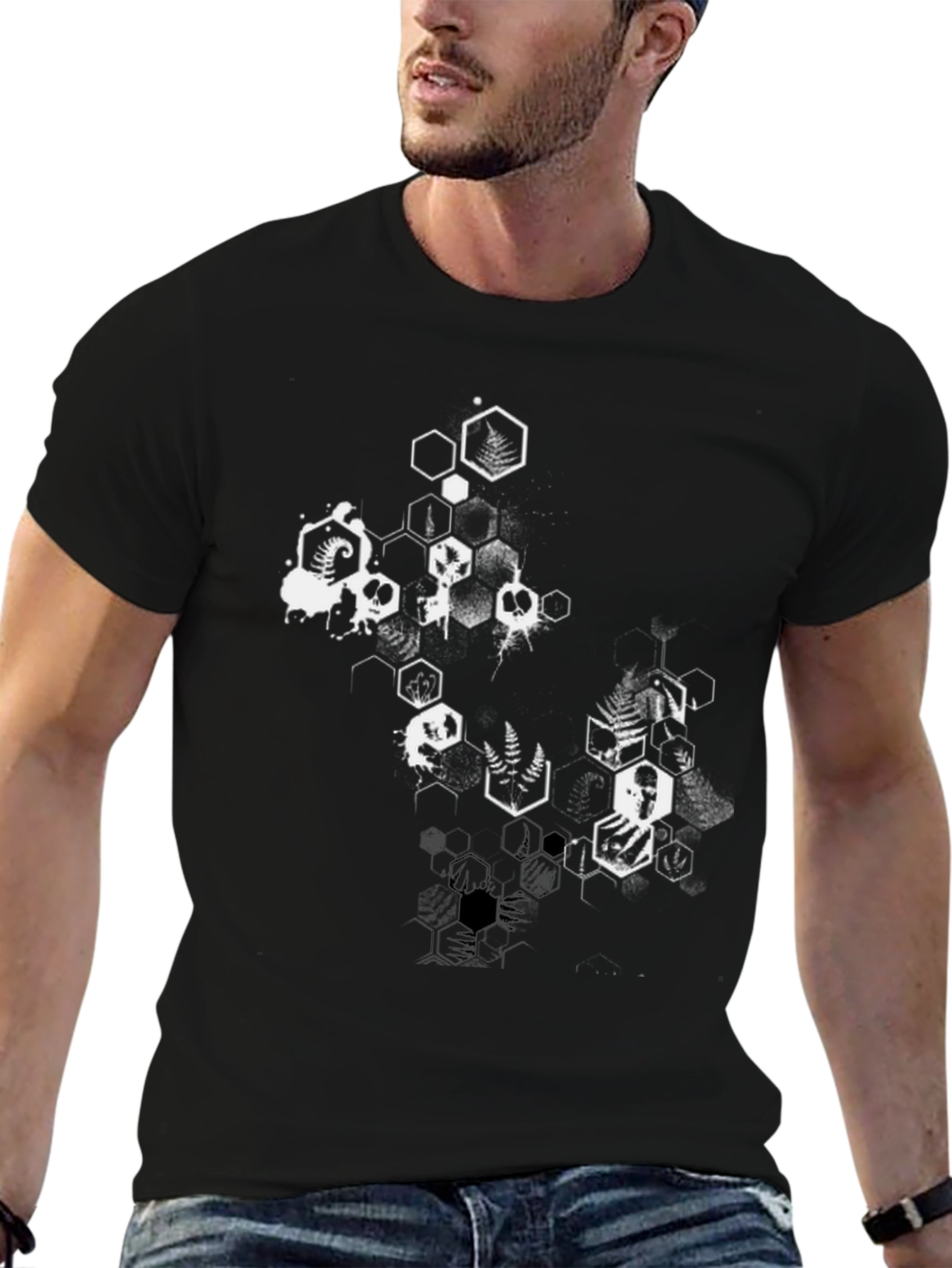 Geometric Skull & Fern Graphic Black T-Shirt