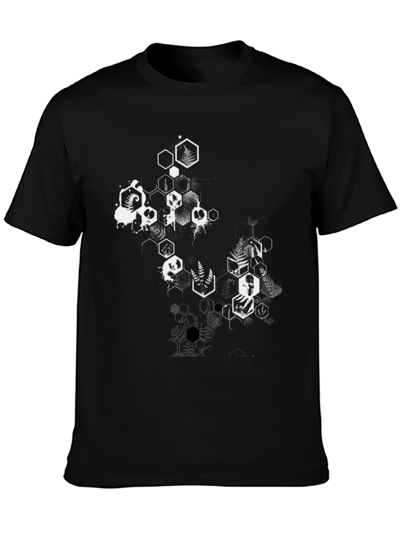 Geometric Skull & Fern Graphic Black T-Shirt