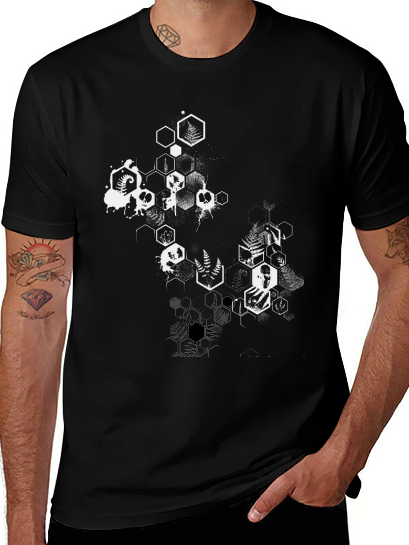 Geometric Skull & Fern Graphic Black T-Shirt