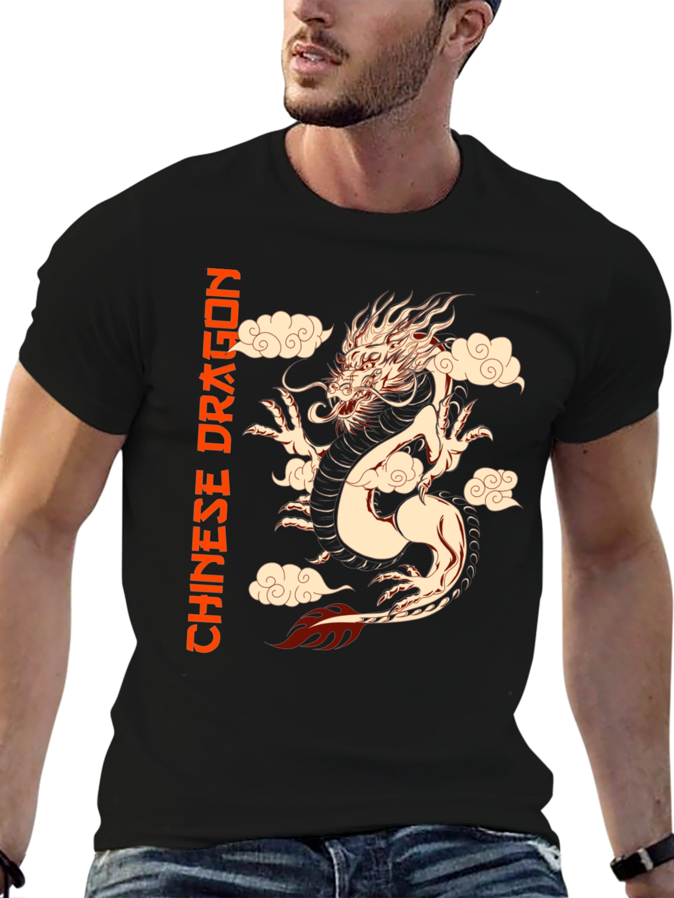 Chinese Dragon Graphic Tee - Black Cotton T-Shirt