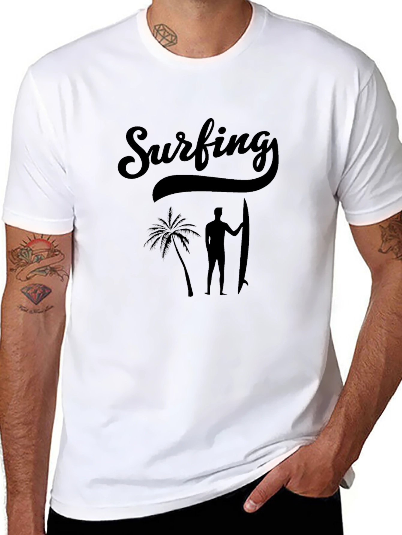Surfing Graphic Tee - Black Cotton Shirt