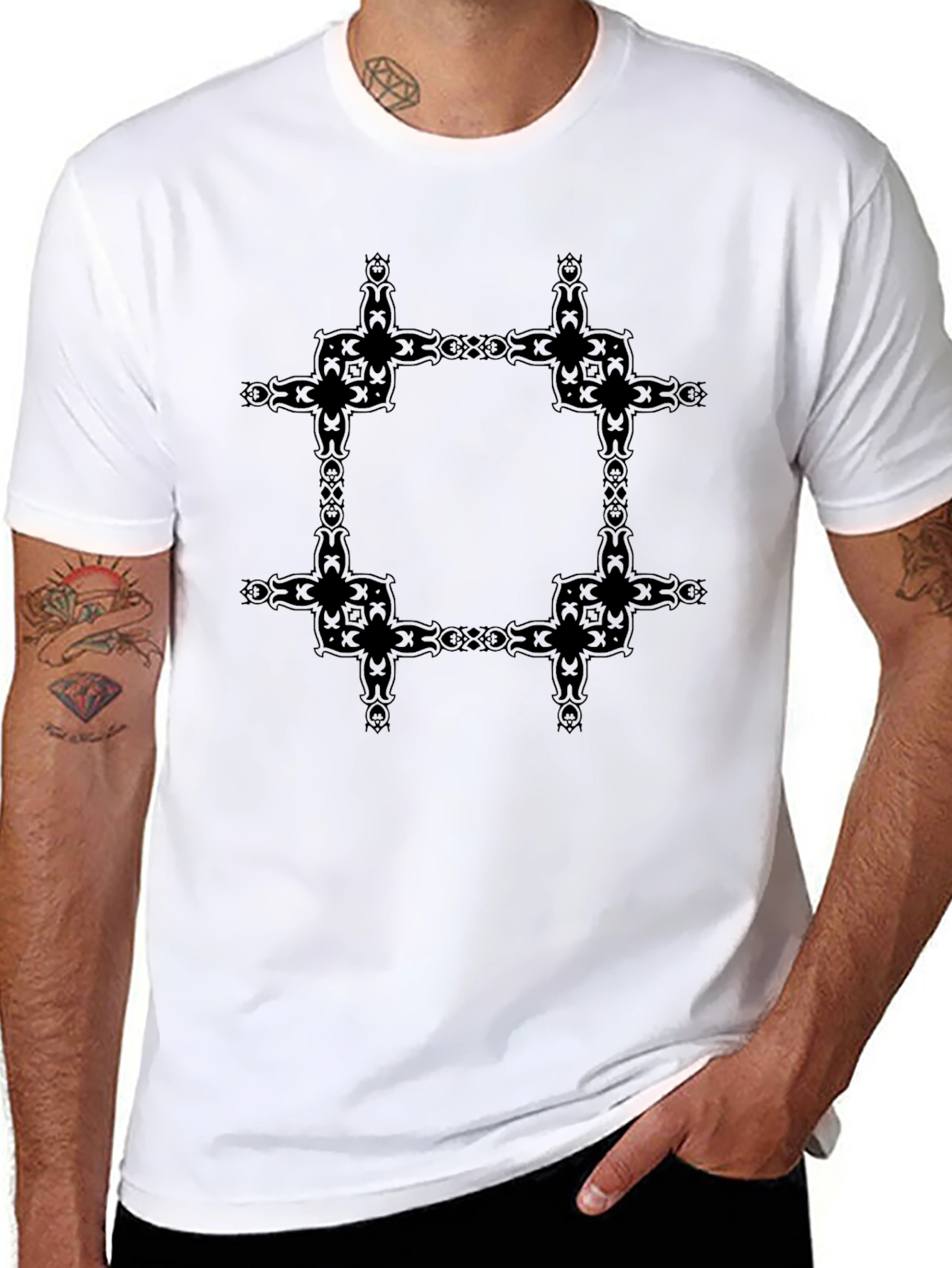 Graphic Tee: Black Patterned Square Print