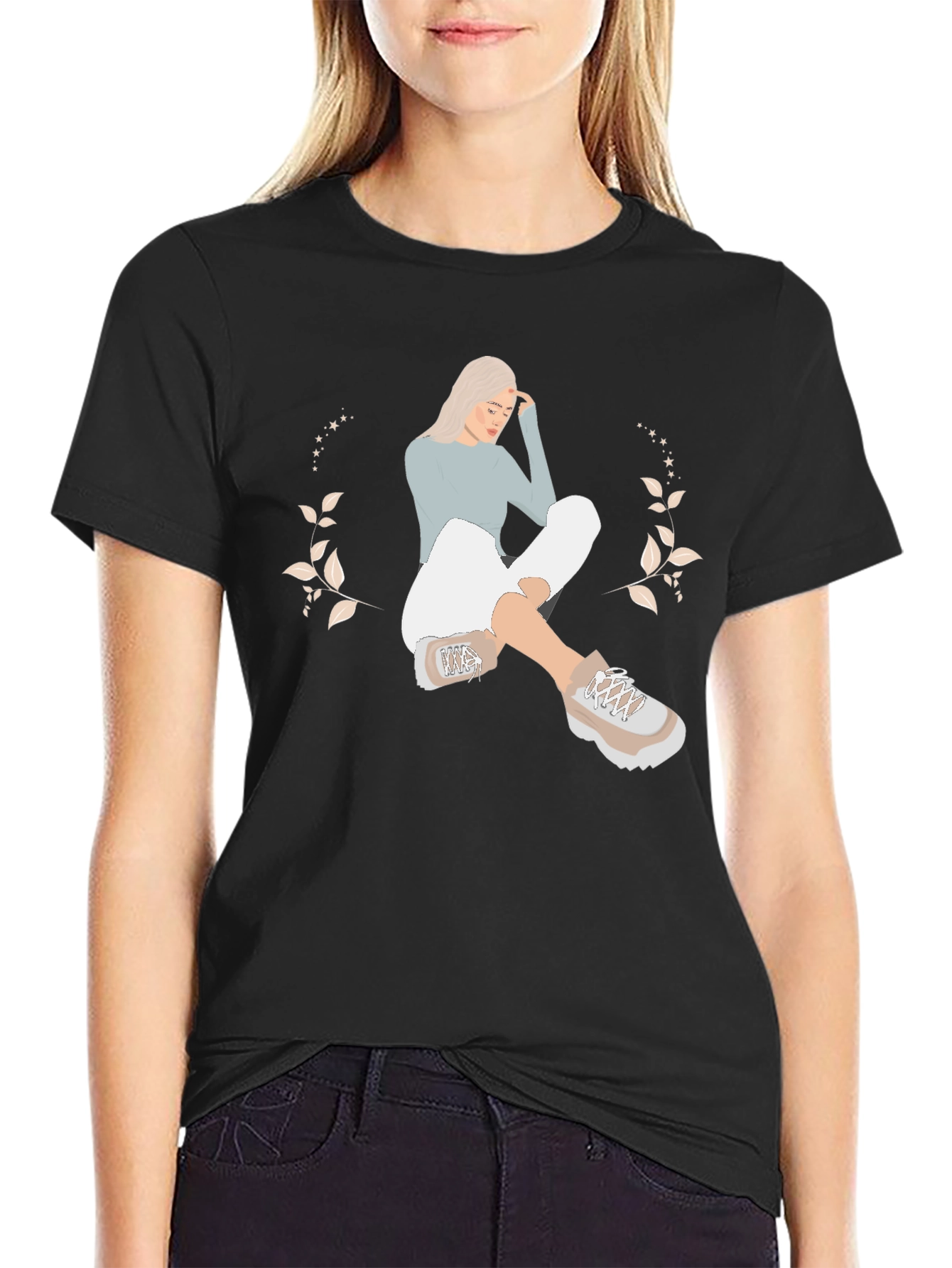 Black T-Shirt with Woman Illustration