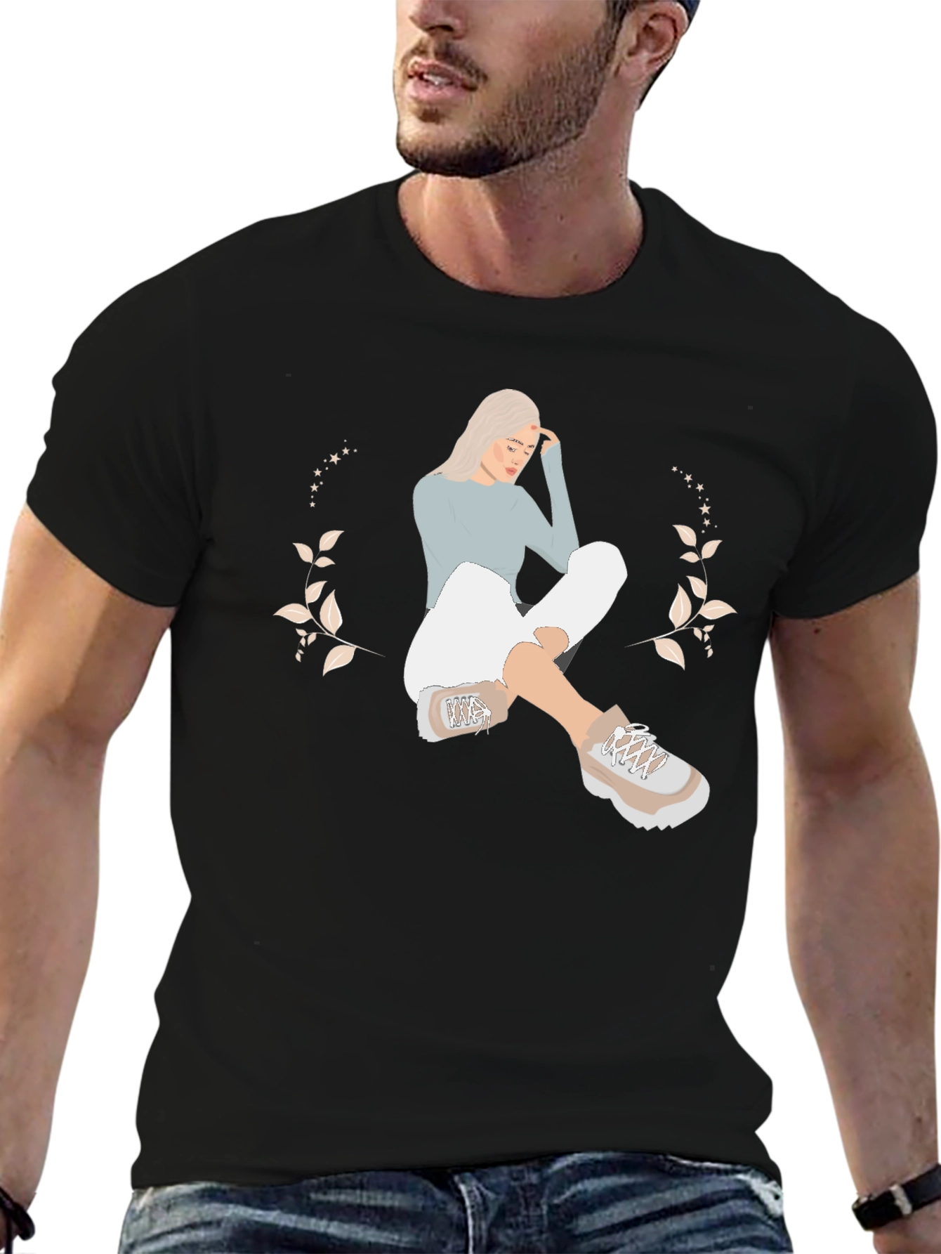 Black T-Shirt with Woman Illustration