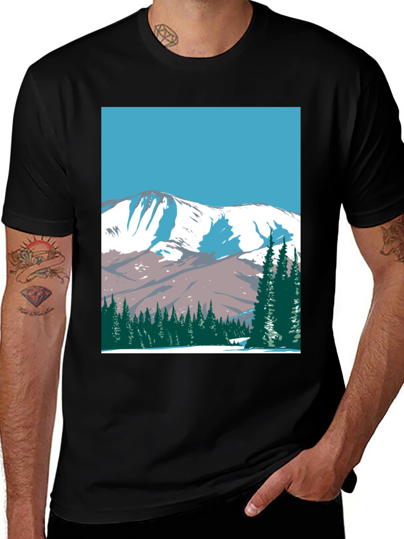 Mountain Scene Graphic Tee - Black Cotton T-Shirt