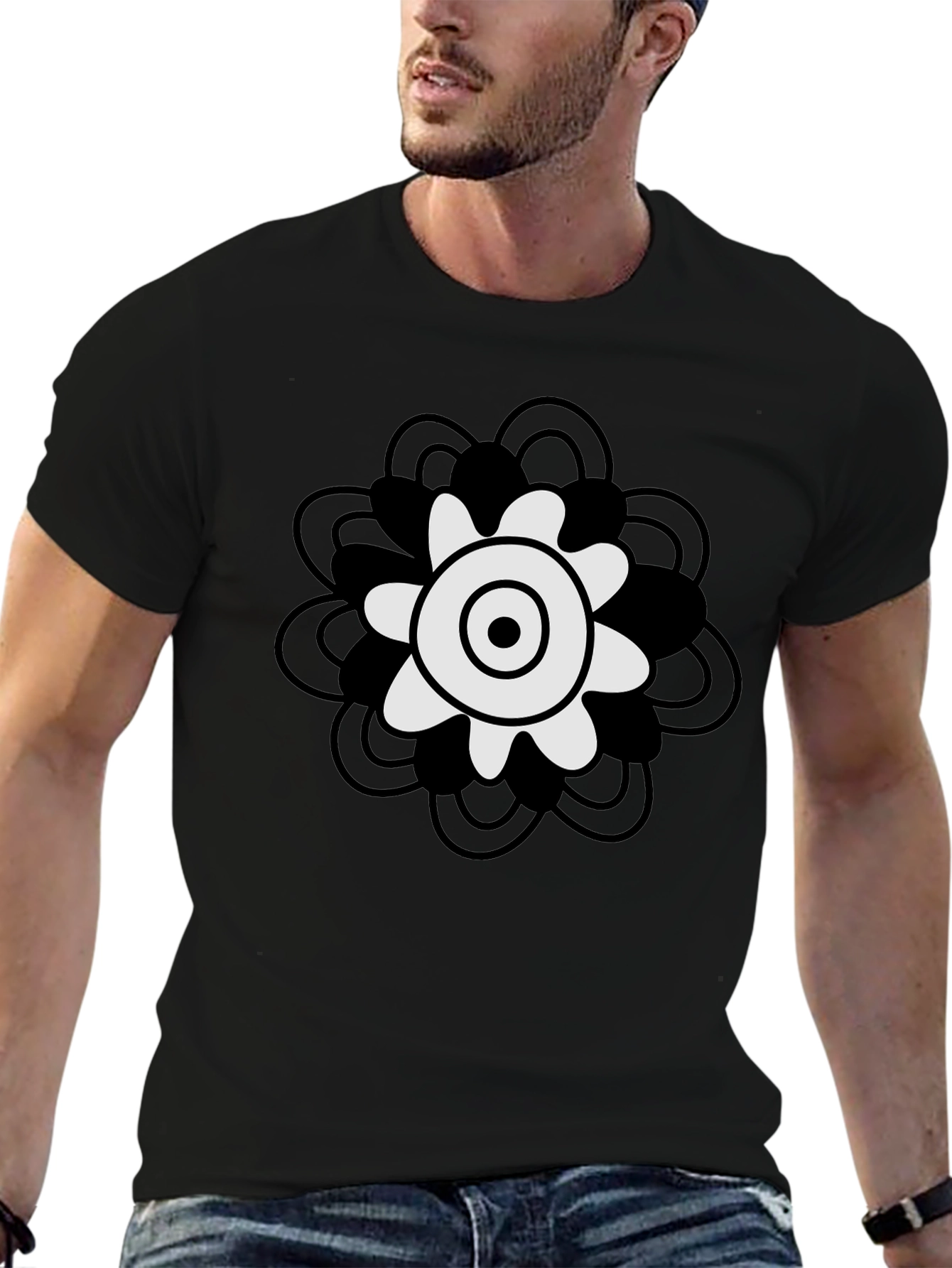 Black Tee with Abstract Floral Design