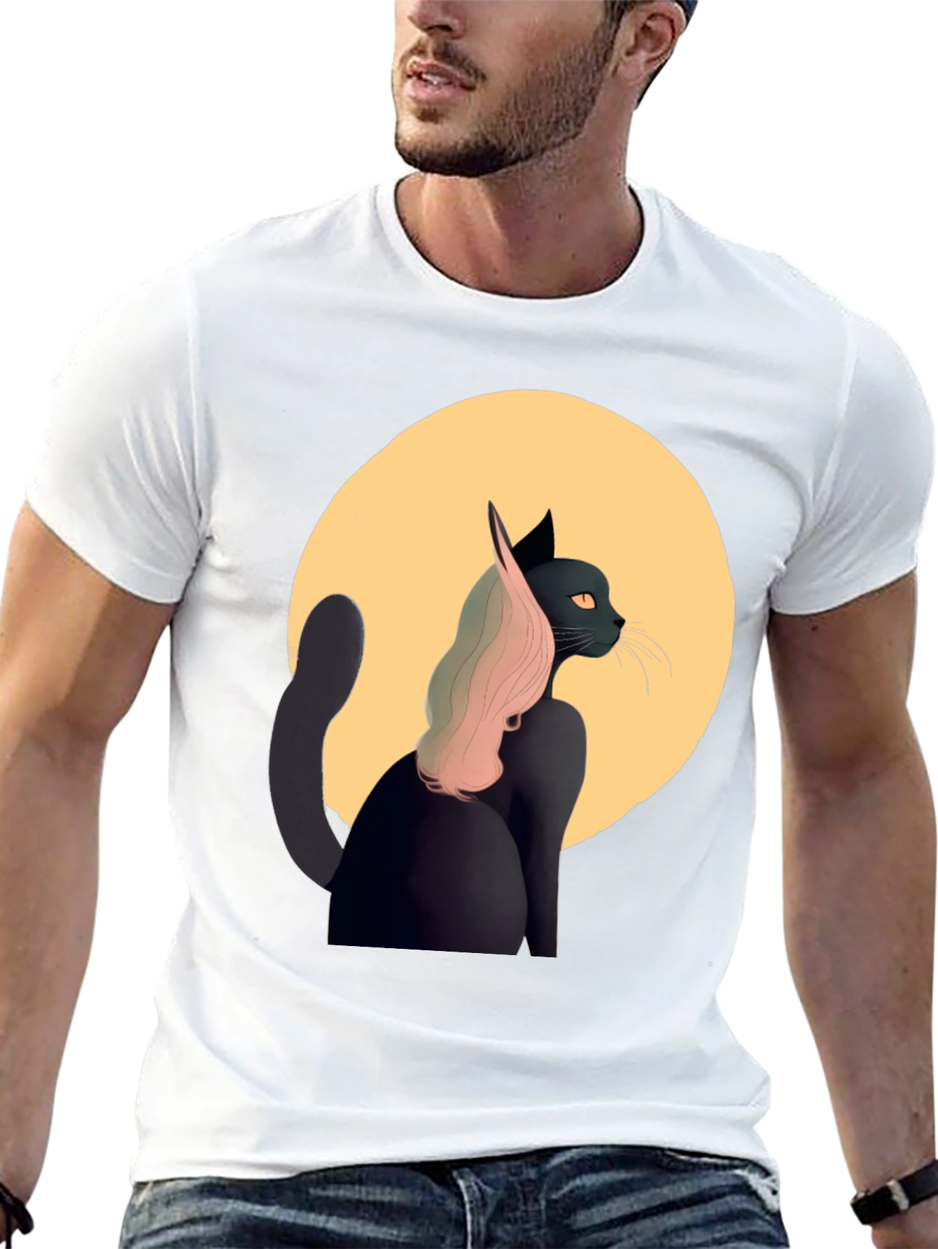 Black Cat T-Shirt with Moon and Pink Hair