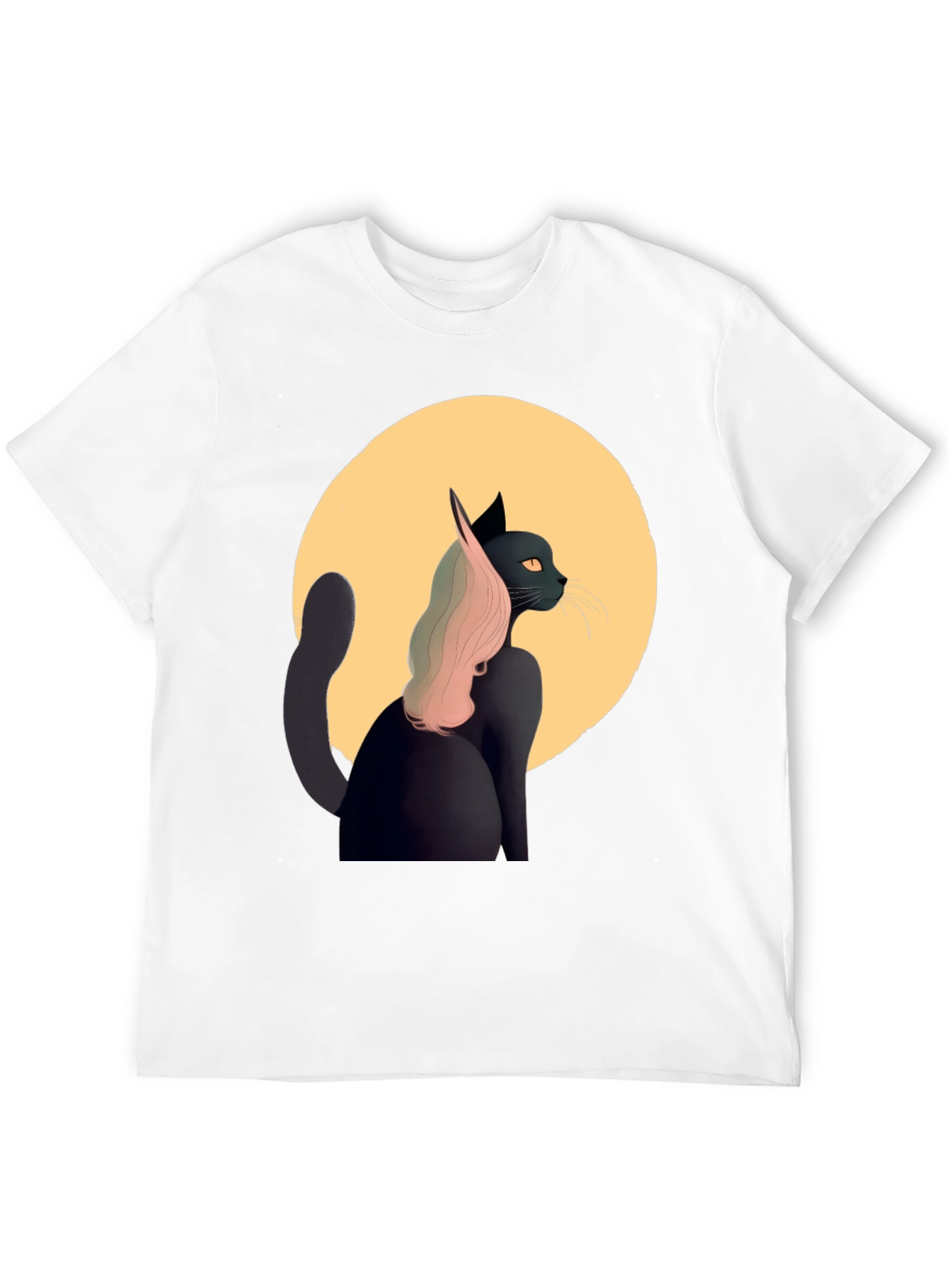 Black Cat T-Shirt with Moon and Pink Hair