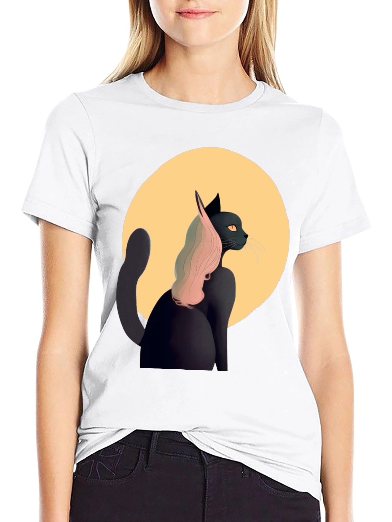 Black Cat T-Shirt with Moon and Pink Hair