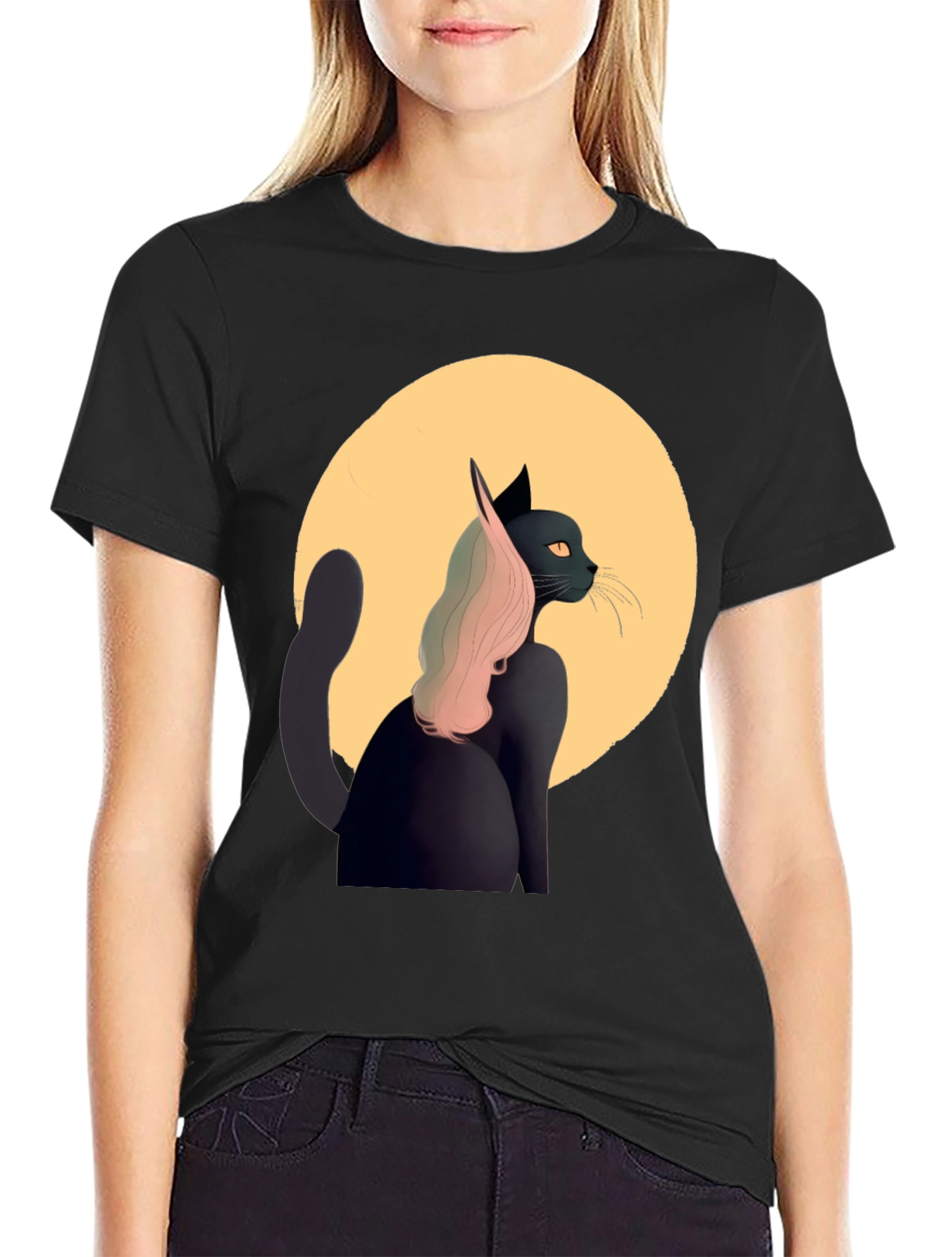 Black Cat T-Shirt with Moon and Pink Hair