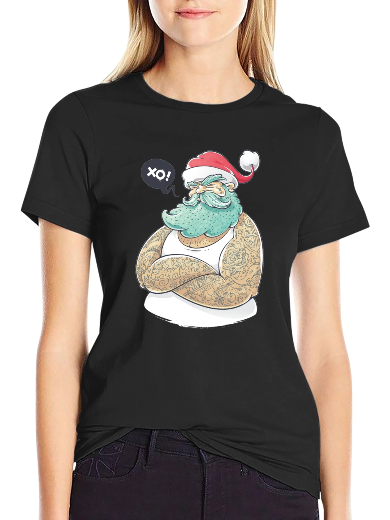 Tattooed Santa Graphic T-Shirt - Black Crew Neck
