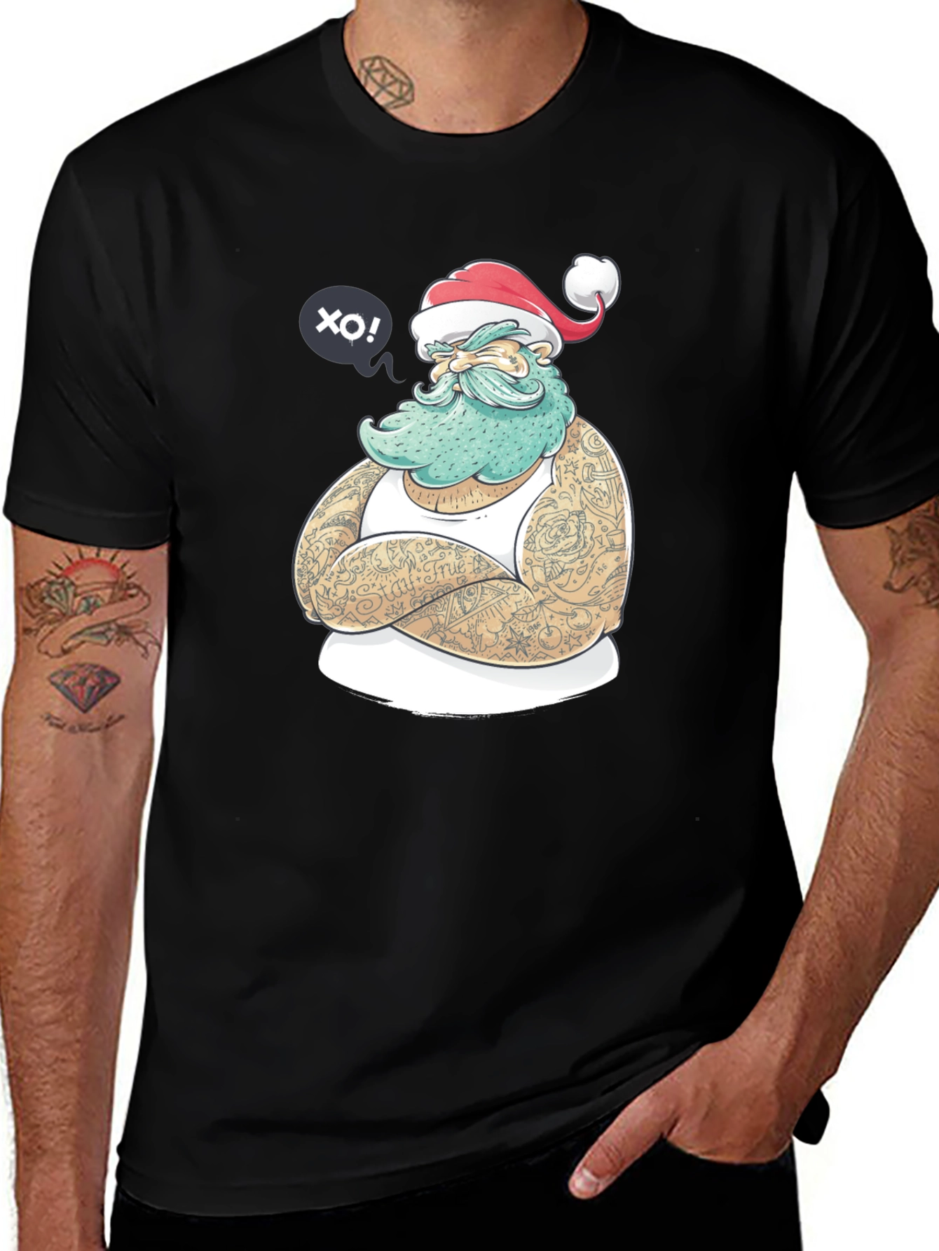 Tattooed Santa Graphic T-Shirt - Black Crew Neck