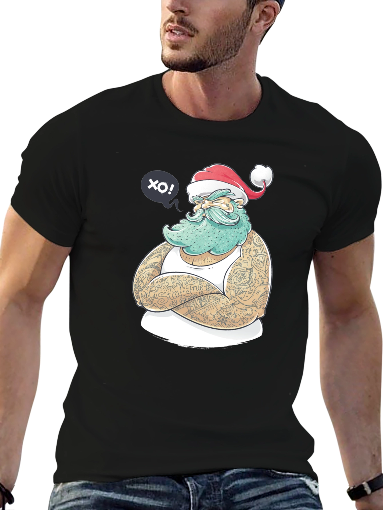 Tattooed Santa Graphic T-Shirt - Black Crew Neck