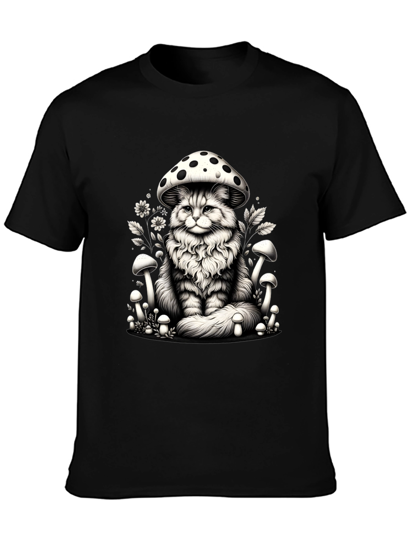 Mushroom Cat Graphic Tee - Whimsical Black T-Shirt