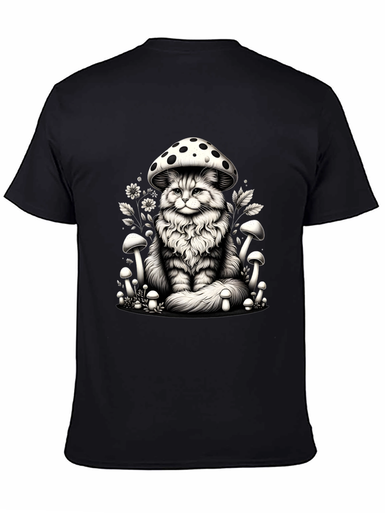 Mushroom Cat Graphic Tee - Whimsical Black T-Shirt