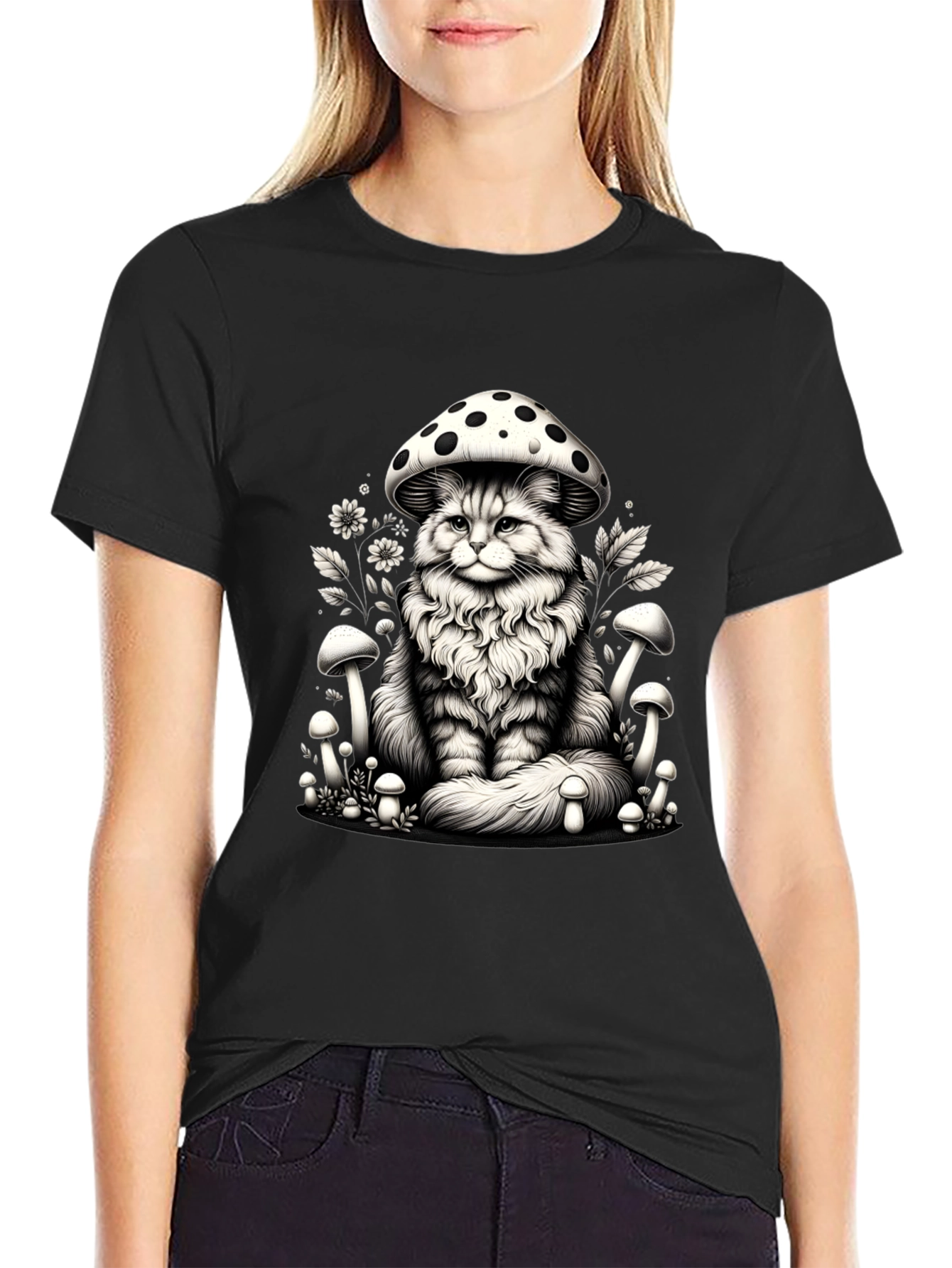Mushroom Cat Graphic Tee - Whimsical Black T-Shirt