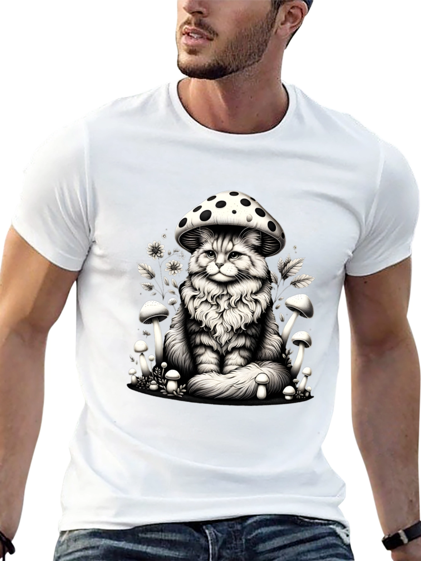 Mushroom Cat Graphic Tee - Whimsical Black T-Shirt