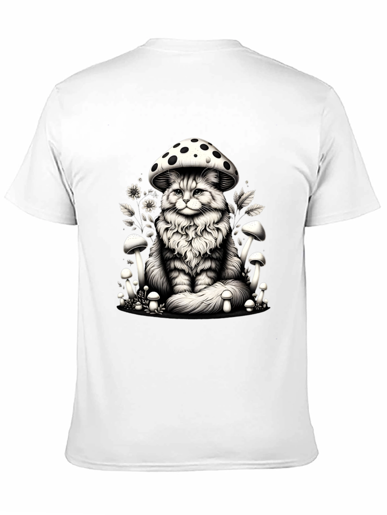Mushroom Cat Graphic Tee - Whimsical Black T-Shirt