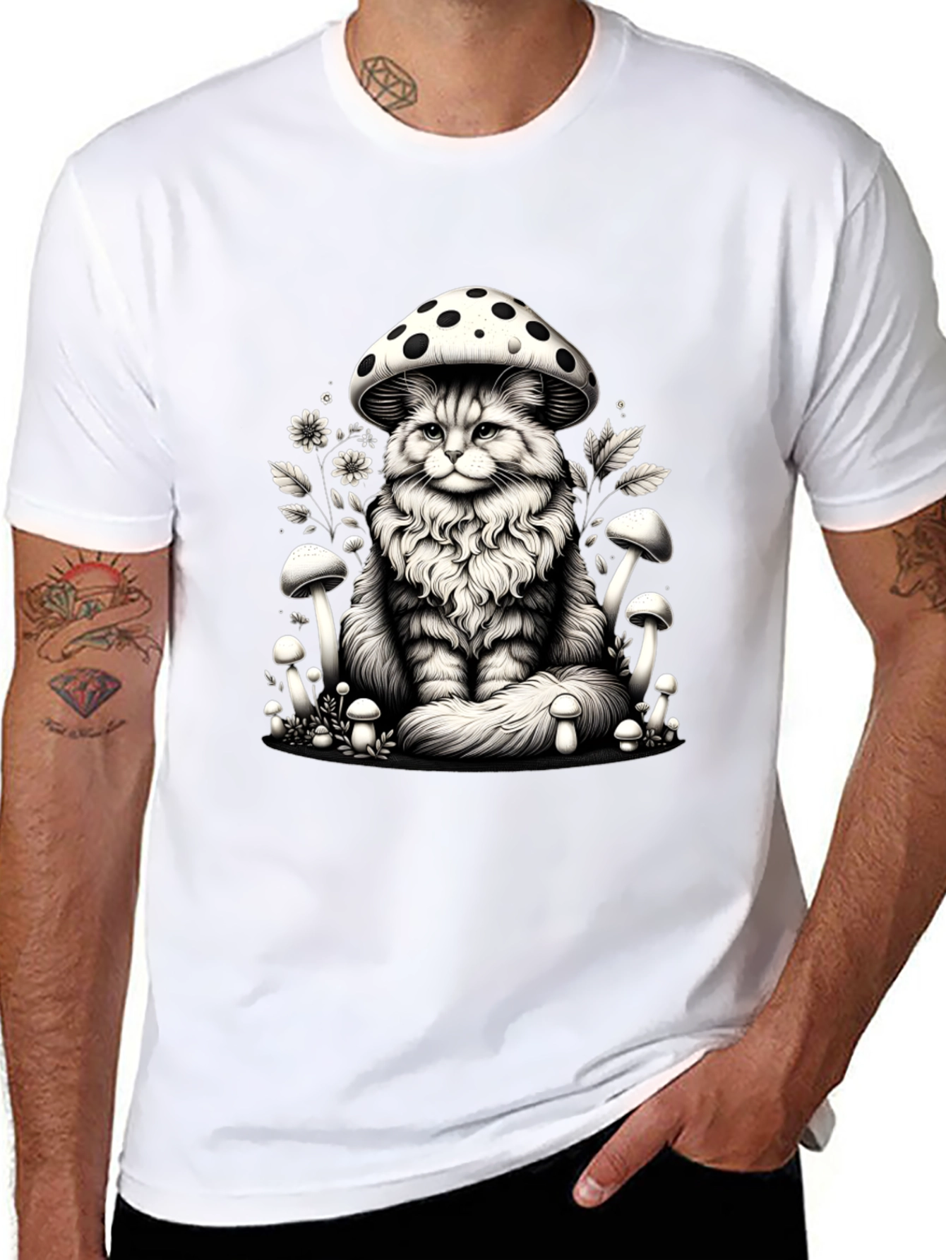 Mushroom Cat Graphic Tee - Whimsical Black T-Shirt