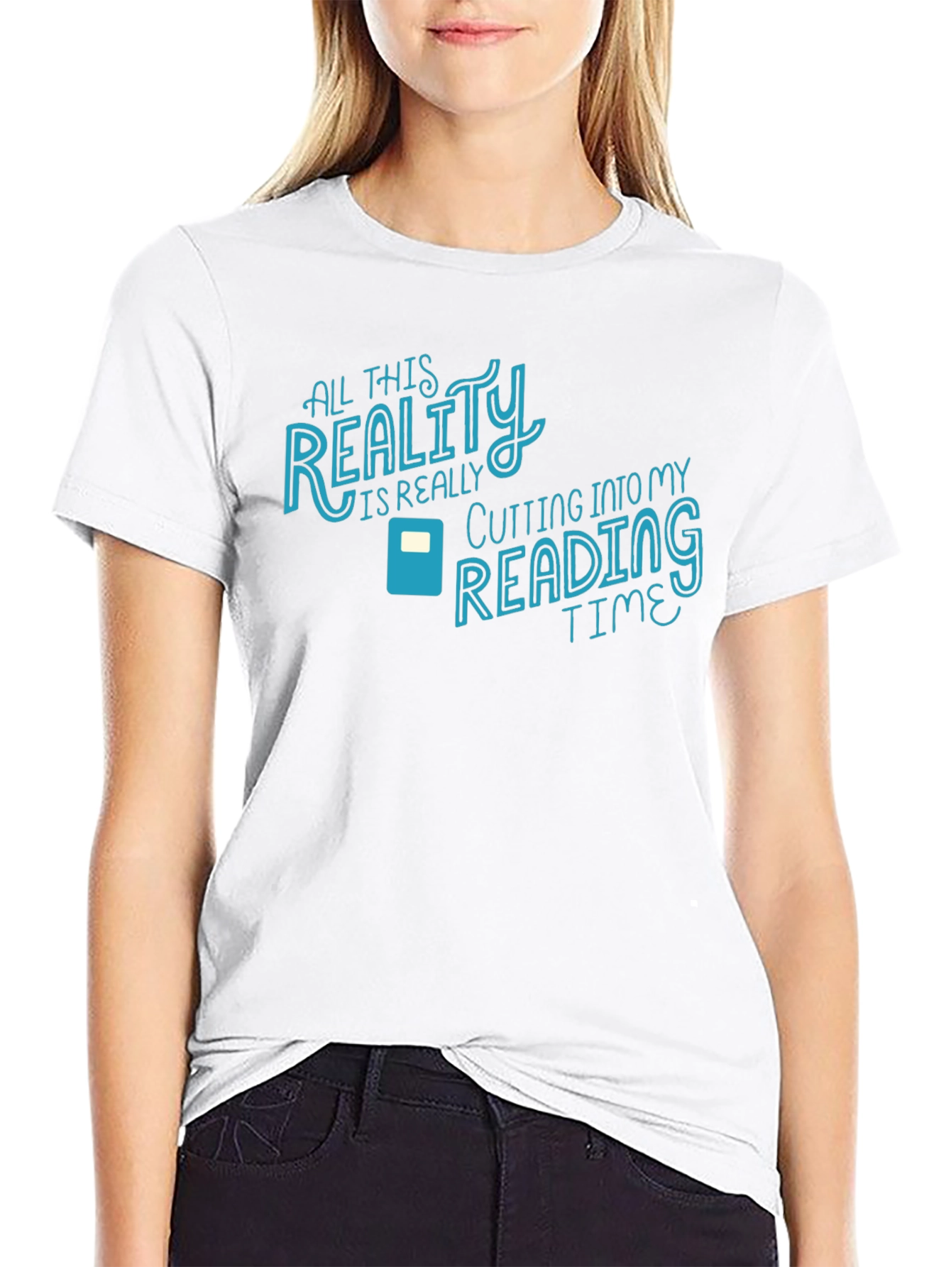 Reality Cutting Into Reading Time Black Graphic Tee