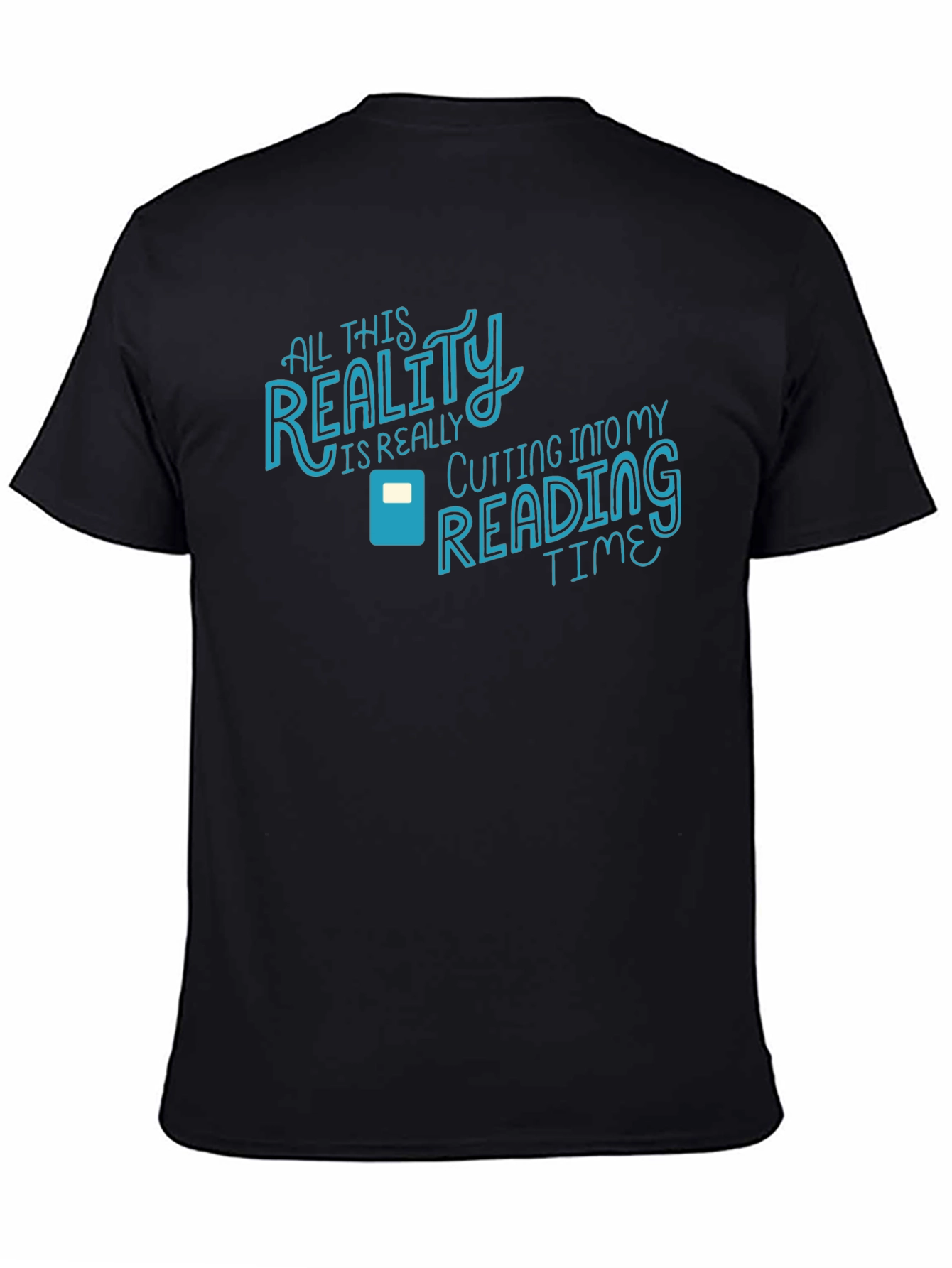 Reality Cutting Into Reading Time Black Graphic Tee