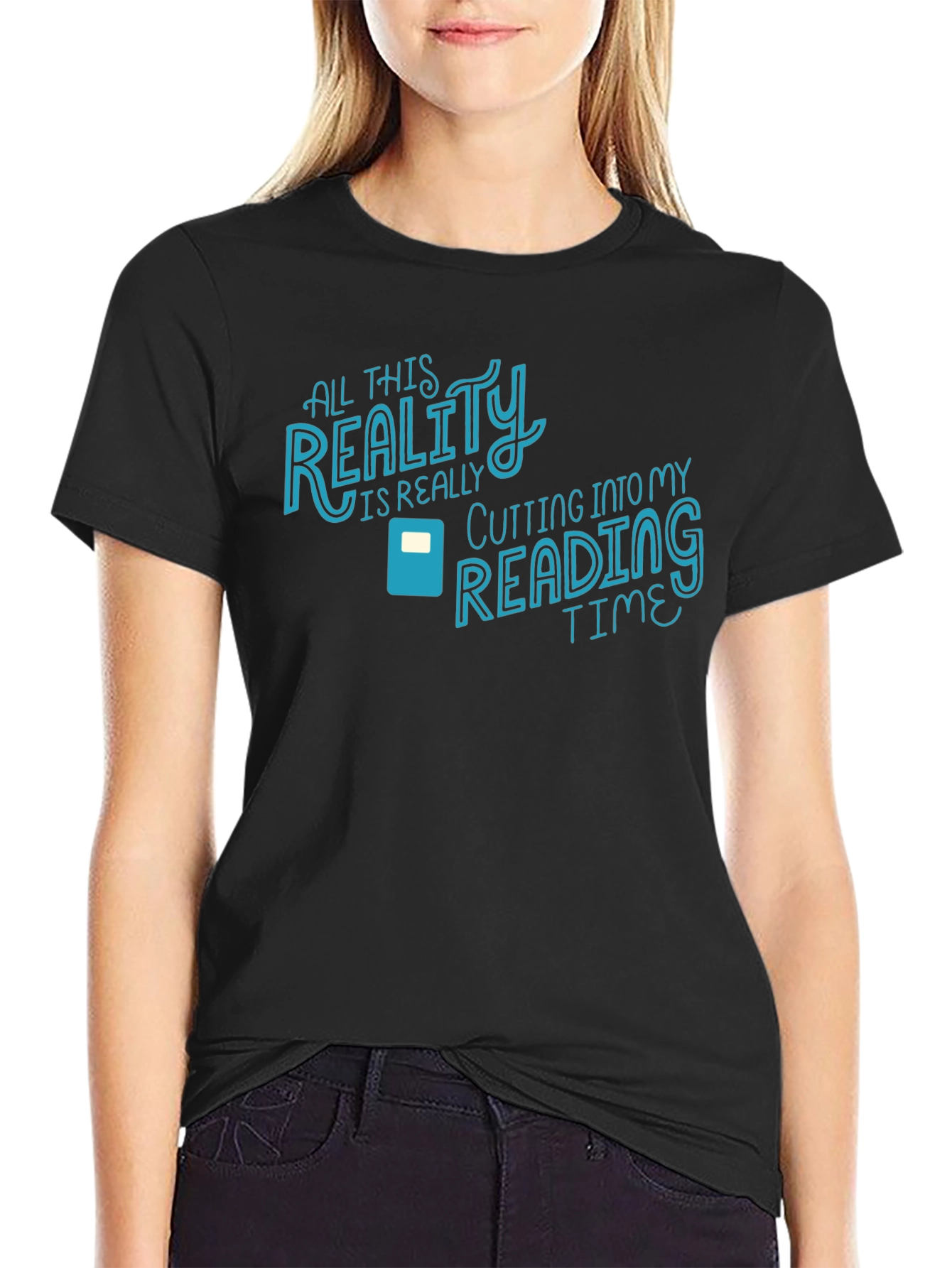Reality Cutting Into Reading Time Black Graphic Tee