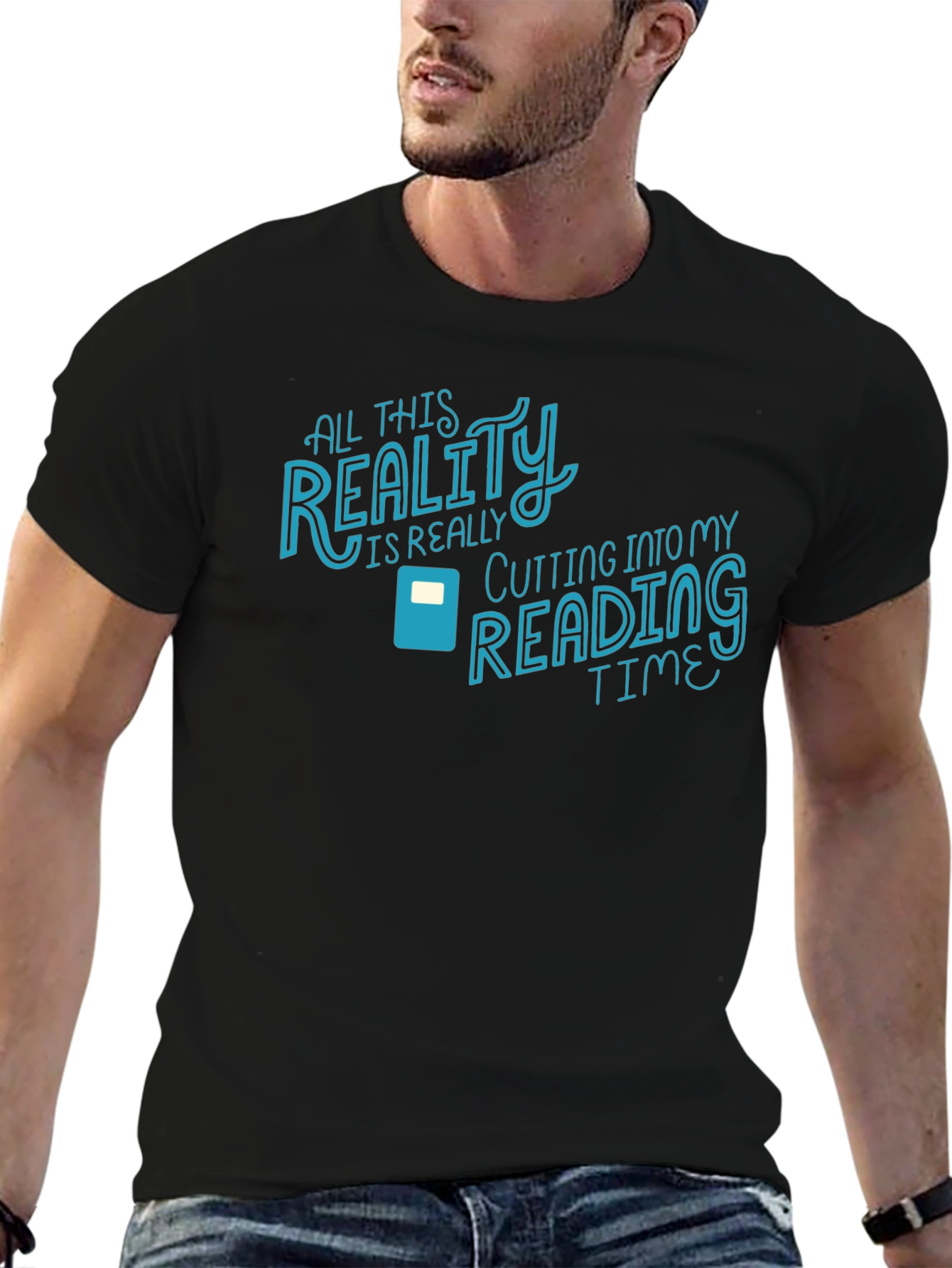 Reality Cutting Into Reading Time Black Graphic Tee